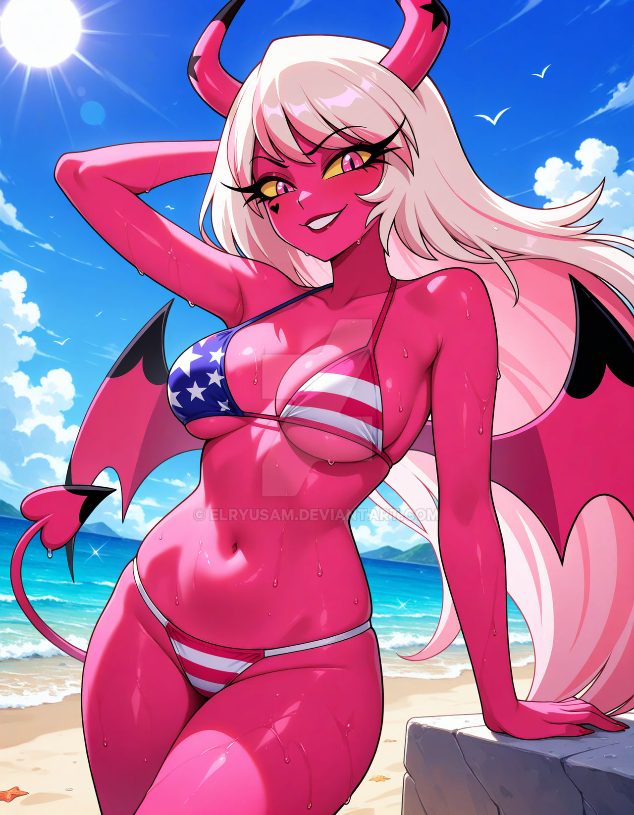 2025, ai generated, american flag bikini, beach, belly, clouds, deviantart, elryusam, female, heart symbol, helluva boss, meta, not porn, pink eyes, pink skin, sky background, sun, sunlight, sunlight rays, tail on butt, tummy, verosika mayday (helluva boss), vivziepop, wet bikini, wet body, wet skin, white hair, wings on back, youtube