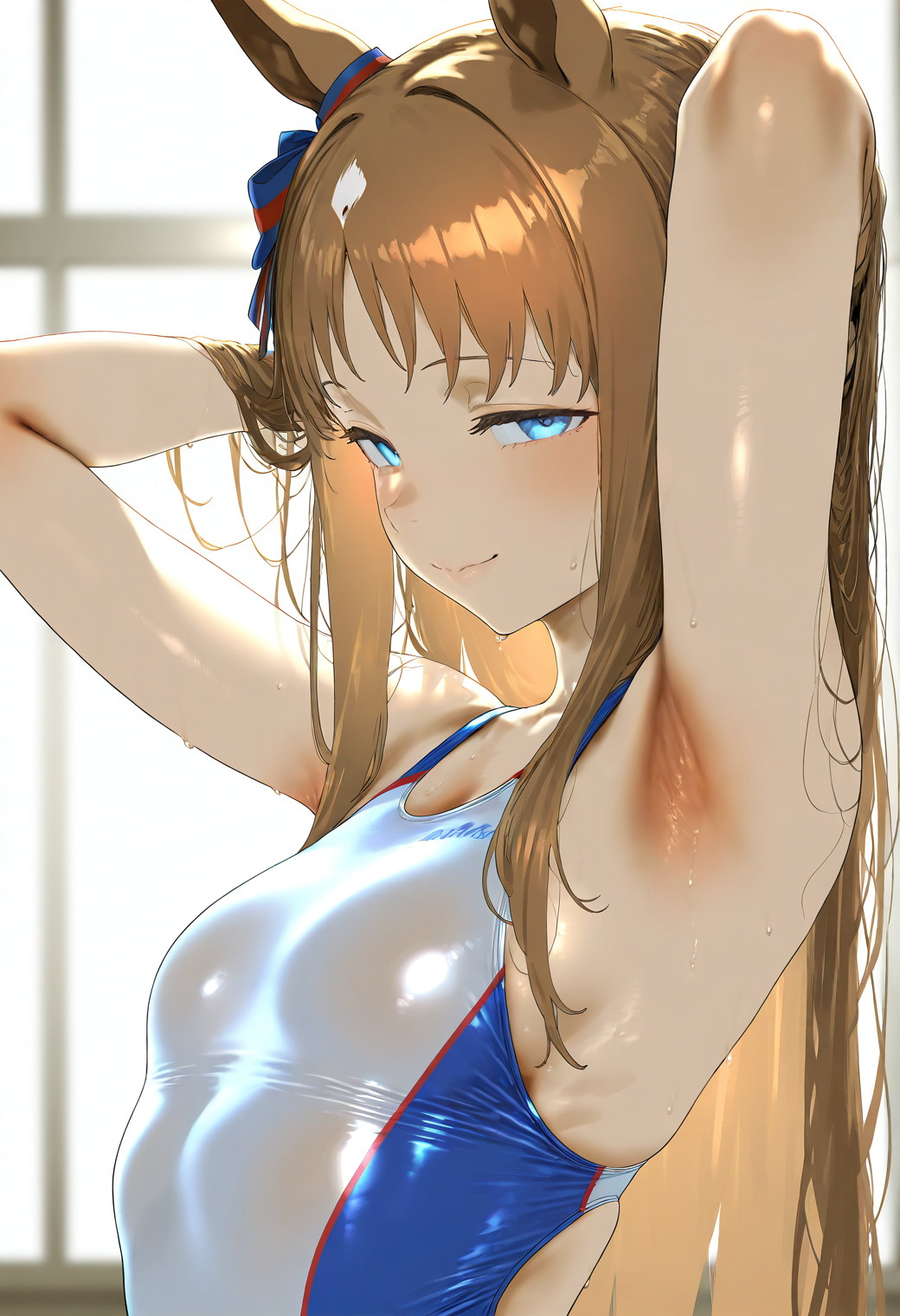1girls, ai generated, animal ears, armpits, blue eyes, booleanchop, cute, female, grass wonder (umamusume), hair accessory, horse girl, light brown hair, long hair, looking at viewer, markings on head, petite, skinny, slim, smile, swimsuit, teenager, umamusume, umamusume pretty derby