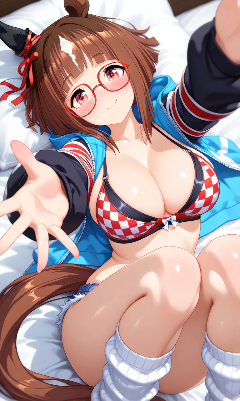 ai_generated animal_ears bikini brown_hair female horse_girl looking_at_viewer markings_on_hair red_eyes ribbon_in_hair transcend_(umamusume) umamusume umamusume_pretty_derby