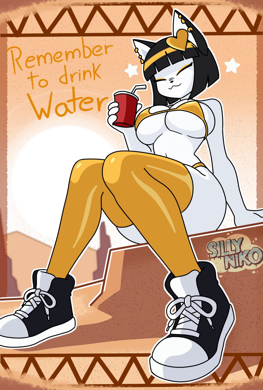 1girls, advice, cat girl, catgirl, egyptian clothes, feline, female, golden bikini, golden week, nefer-kitty (sillyniko), original, original character, sillyniko, tagme, wholesome