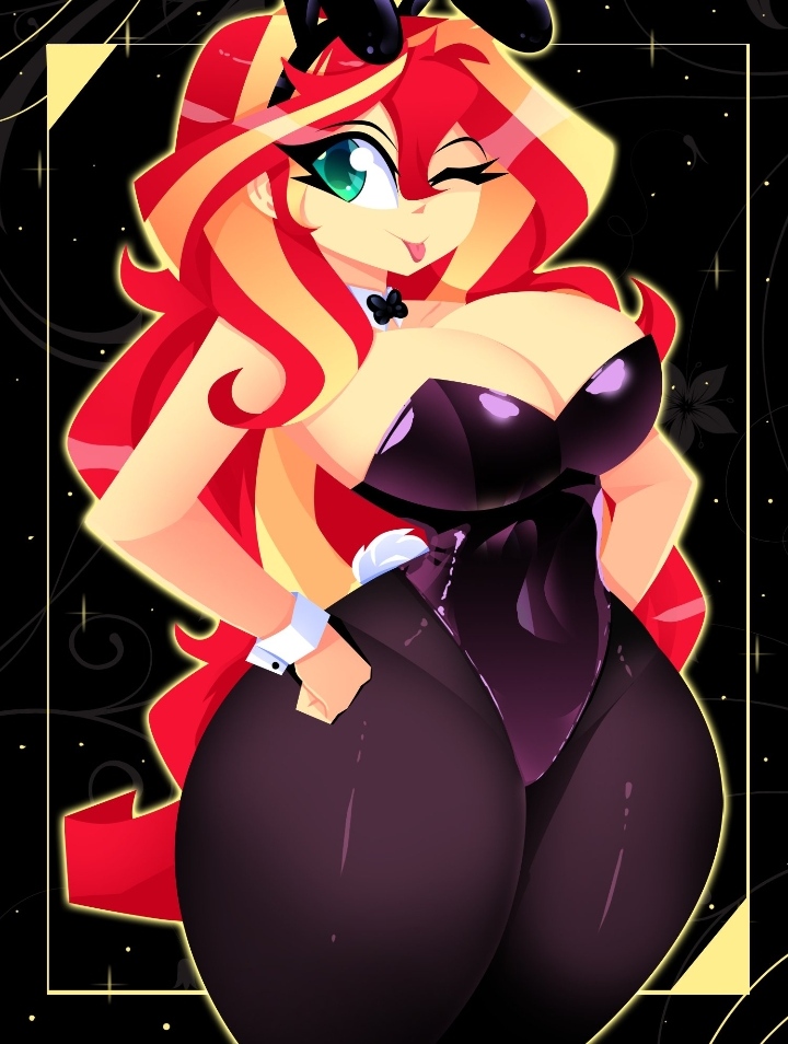 1girls, 2025, 2d, 2d (artwork), 2d artwork, big thighs, black background, black clothing, breasts, bunny ears, bunny girl, bunnysuit, cleavage, curvaceous, curvaceous female, curvaceous figure, curvy, curvy body, curvy female, curvy figure, deviantart link, digital media (artwork), emerald eyes, enormous thighs, equestria girls, fake animal ears, fake rabbit ears, female, female only, friendship is magic, green eyes, hand on hip, hands on hips, hasbro, hourglass figure, huge breasts, large thighs, leotard, looking at viewer, my little pony, no ai, one eye closed, one eye open, playboy, playboy bunny, playboy bunny costume, playboy bunny leotard, playboy outfit, slim waist, smile, smiling, solo, strapless, strapless leotard, sunset shimmer, thick thighs, tongue, tongue out, twitter link, wide hips, wink, winking at viewer, xan-gelx (xan), yellow body, yellow skin, yellow-skinned female