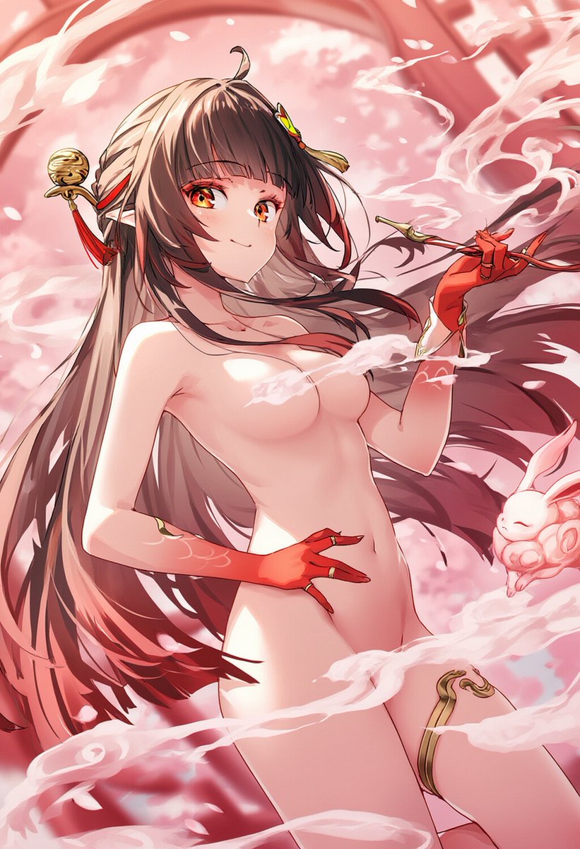 ai generated, breasts, brown hair, covered nipples, covered pussy, curvy figure, female, female only, honkai: star rail, lingsha (honkai: star rail), naked female, pussy, raaicave, red eyes, shoulders, small breasts