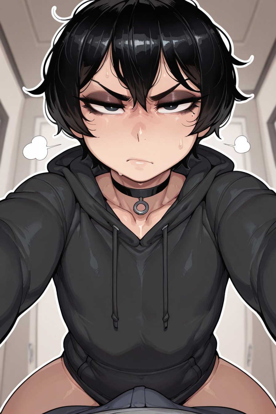 2boys, ai generated, angry expression, black eyes, black hair, blush, bulge, femboy, femboy on male, light skin, light-skinned male, looking at viewer, male, oc, oiled body, oiled skin, original, original character, pov, pov hands, squatting, sweat, sweatdrop, the milk man, yaoi
