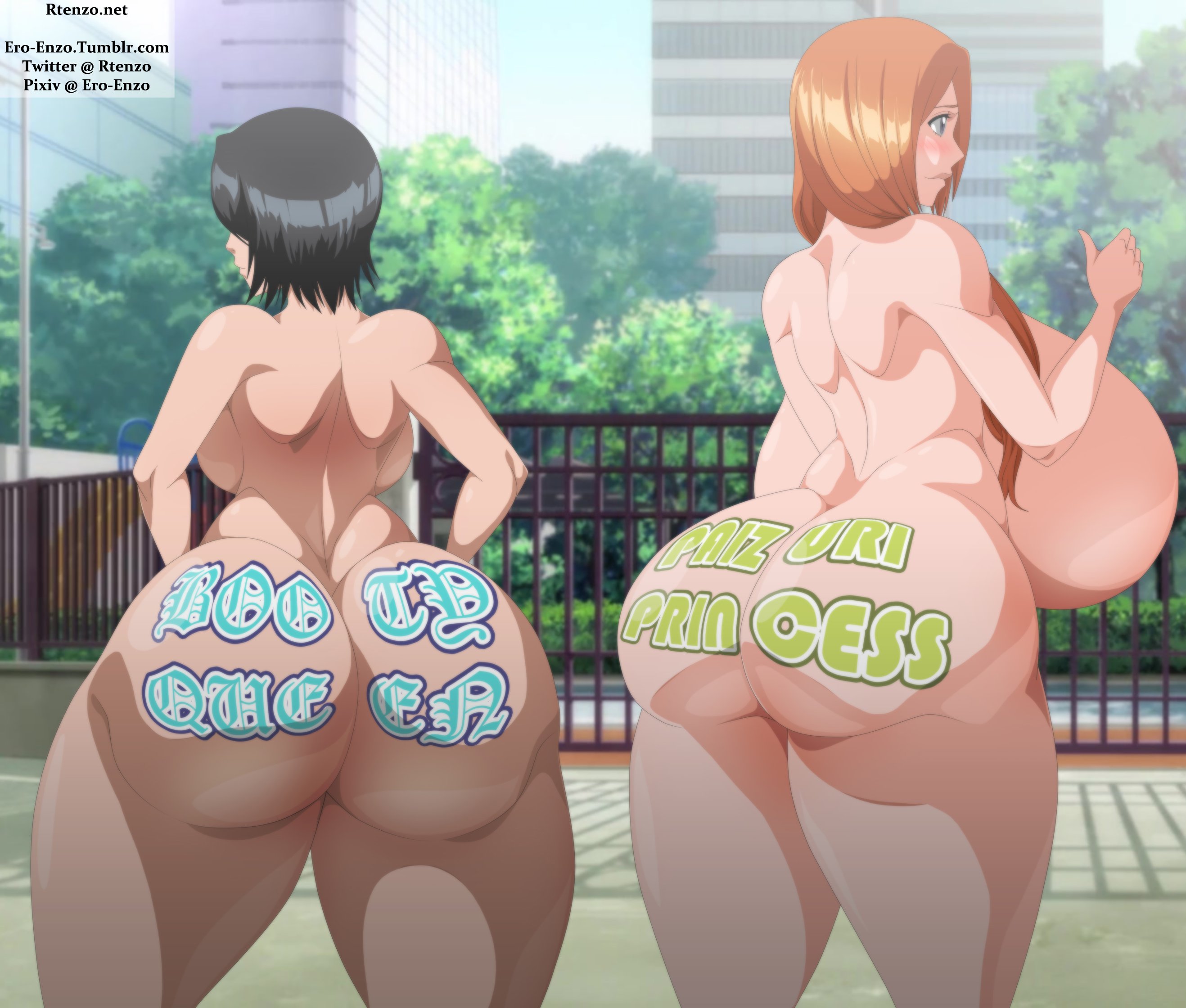 2girls, alternate version available, ass, ass tattoo, back view, balcony, bare shoulders, big ass, big breasts, big butt, black hair, bleach, body writing, bottom heavy, branded, branding mark, breasts, building, busty, curvy, detailed background, duo, ero-enzo, female, female only, grey eyes, hourglass figure, human, inoue orihime, kuchiki rukia, long hair, multiple females, multiple girls, nude, orange hair, orihime inoue, outdoors, outside, rtenzo, rukia kuchiki, shadow, short hair, standing, tattoo, tattoo on butt, tree, voluptuous, wide hips