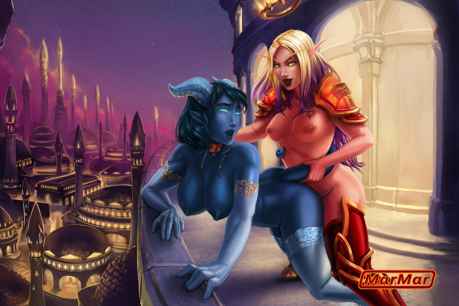 areolae, blonde hair, blood elf, breasts, dickgirl, draenei, elf, female, from behind, futa on female, futanari, horns, implied futa, intersex, marmar, nipples, sex, tail, thighhighs, world of warcraft