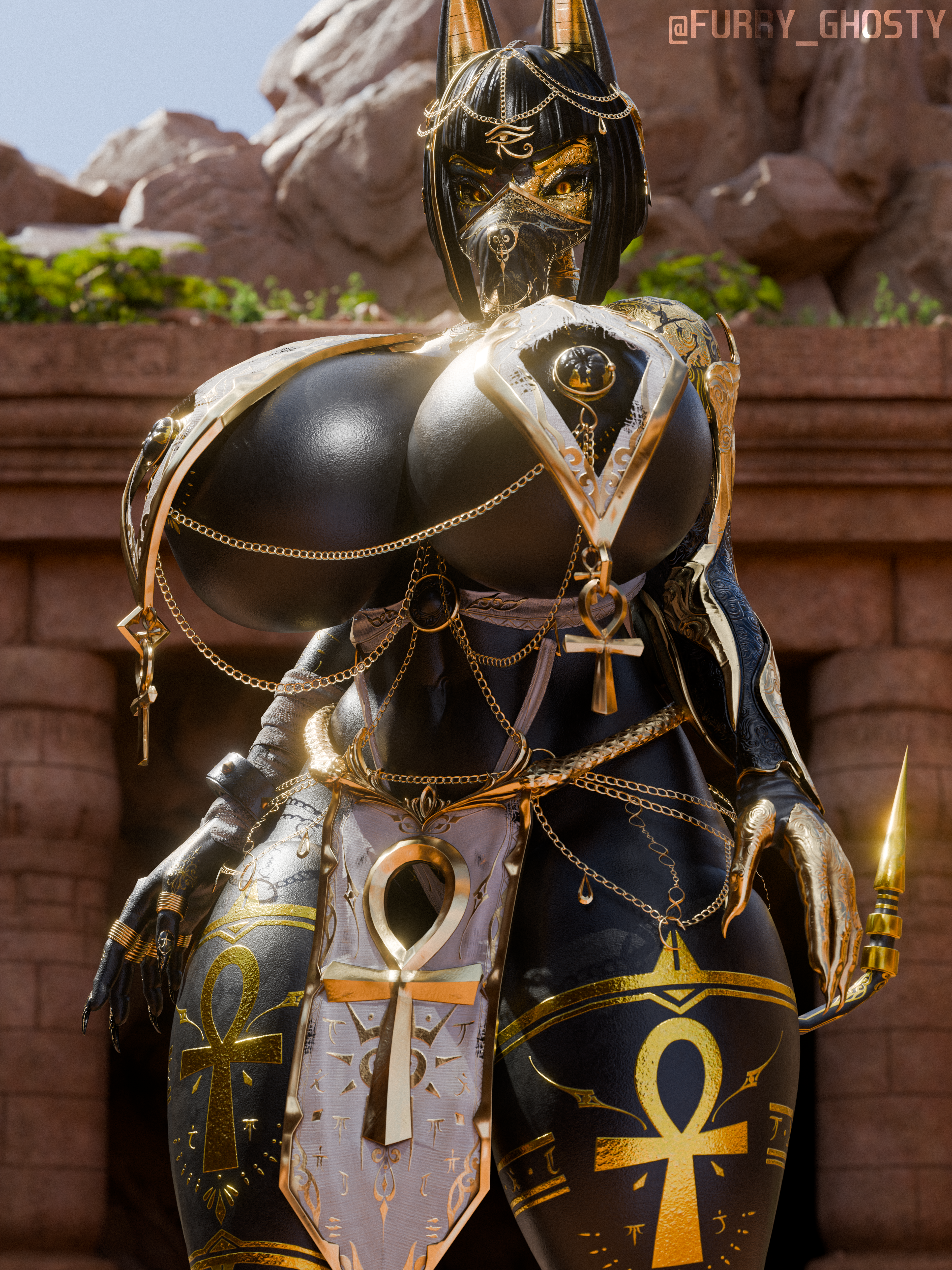 1girls, 3d, anubis, anubis (bom39), big breasts, breasts, female, furry ghosty, huge breasts, thick thighs