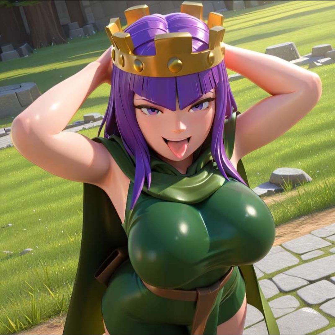 1girls, 3d, 3d (artwork), 3d artwork, absurd res, absurd resolution, absurdres, ai generated, archer queen, archer queen (clash of clans), archer queen (clash royale), artist request, athletic, athletic body, athletic female, big ass, big breasts, big butt, blush, blushed face, blushing at viewer, blushing female, breasts, busty, busty female, busty girl, cape, clash (series), clash of clans, clash royale, clothed, clothing, crown, curvaceous, curvaceous female, curvaceous figure, curvy, curvy body, curvy female, curvy figure, curvy hips, cute, cute expression, cute eyes, cute face, cute female, dress, dressed, ears, exposed legs, exposed thighs, eyebrows, eyelashes, eyeshadow, eyewear, female, female only, female solo, from above, front view, fully clothed, fully dressed, glistening, glistening body, glistening eyes, glistening legs, glistening skin, grass, grass field, green cape, green clothing, green dress, green skirt, half-closed eyes, hands behind head, headwear, hi res, high quality, high resolution, highres, huge boobs, huge breasts, large boobs, large breasts, legs, long hair, looking at viewer, open mouth, open smile, path, purple eyes, purple hair, seductive, seductive body, seductive eyes, seductive look, seductive mouth, seductive smile, shiny, shiny body, shiny clothes, shiny hair, shiny skin, skirt, slim waist, small waist, smile, smiling, smiling at viewer, smooth body, smooth skin, solo female, standing, stone path, supercell, supercell (company), teeth, teeth showing, teeth visible, thin waist, tongue, tongue out, tree, trees, upper teeth, upper teeth only