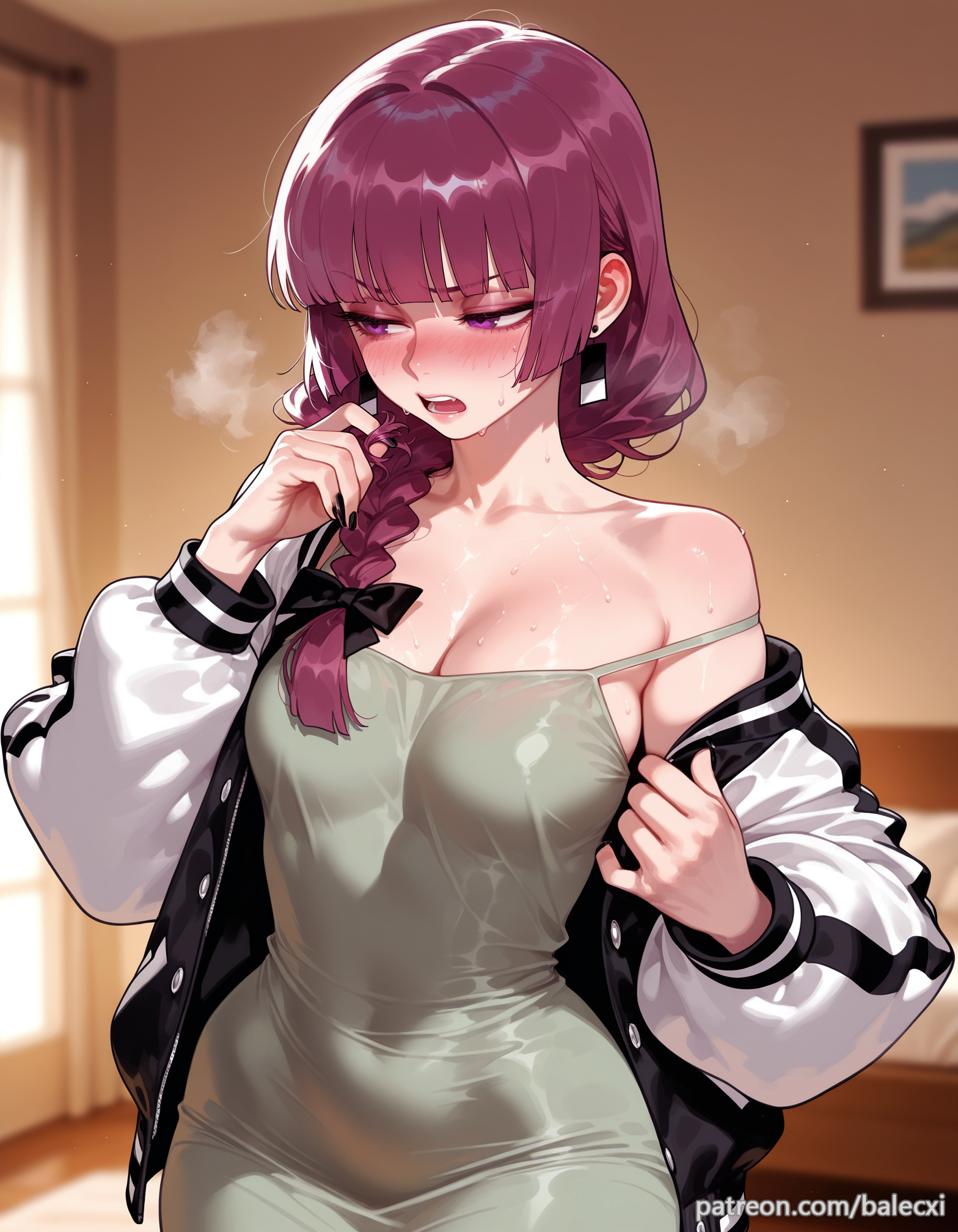 ai generated, balecxi, black bow, black nails, blunt bangs, blurry, blurry background, blush, bocchi the rock!, braid, breasts, cleavage, collarbone, covered navel, earrings, female, green dress, hairbow, hiroi kikuri, indoors, jewelry, long hair, long sleeves, nail polish, off shoulder, open jacket, open mouth, patreon username, purple eyes, purple hair, solo, sweat, web address