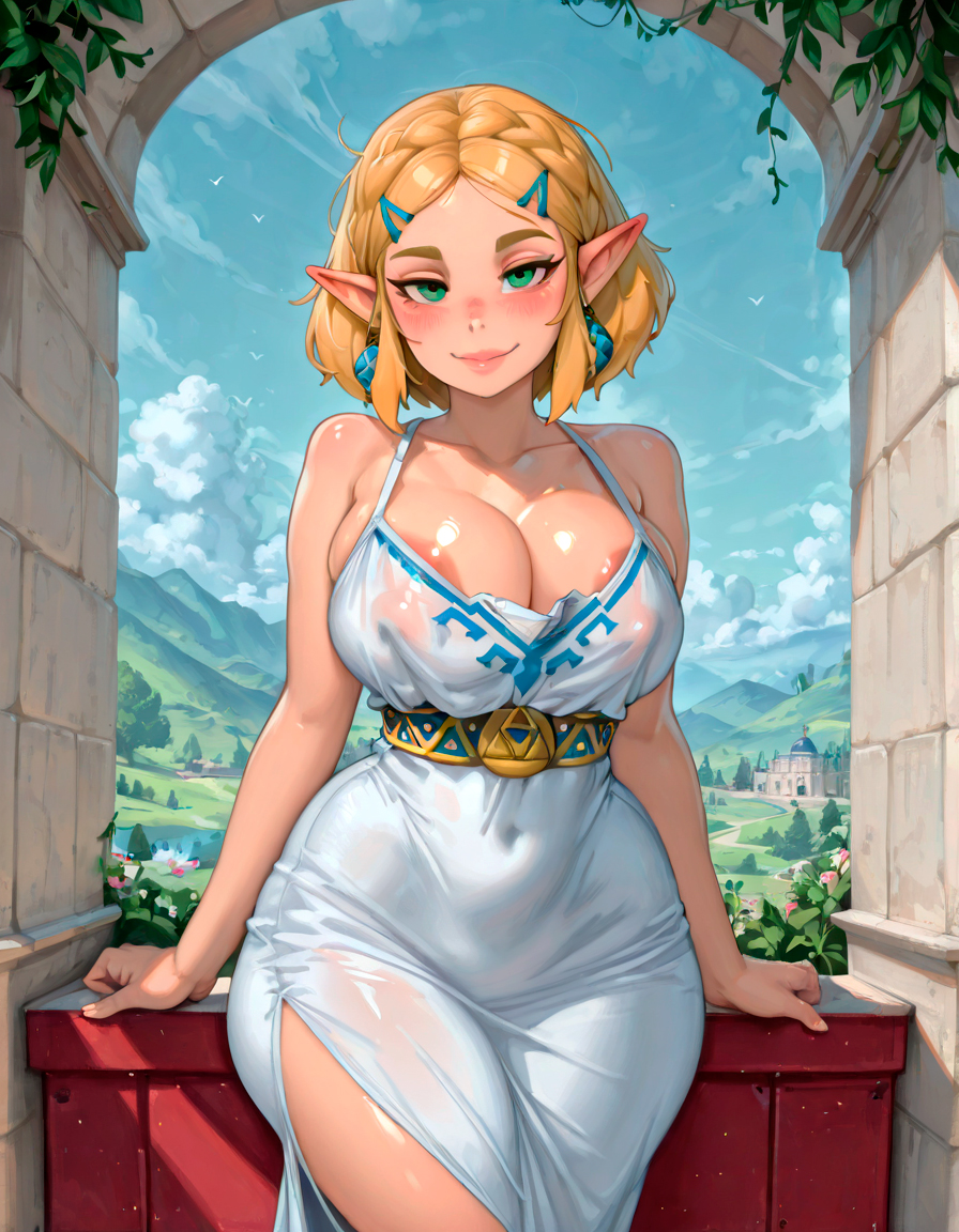 adorable, ai generated, bare shoulders, big areola, big breasts, big nipples, blush, breasts, cleavage, curvy, curvy body, curvy female, curvy figure, curvy hips, cute, dress slit, elf, elf ears, female, female only, navel, nintendo, pointy ears, princess, princess zelda, slim waist, starlightnex, the legend of zelda, thick, thick ass, thick hips, thick legs, thick thighs, thigh highs, thighhighs, thighs, wholesome, wide hips