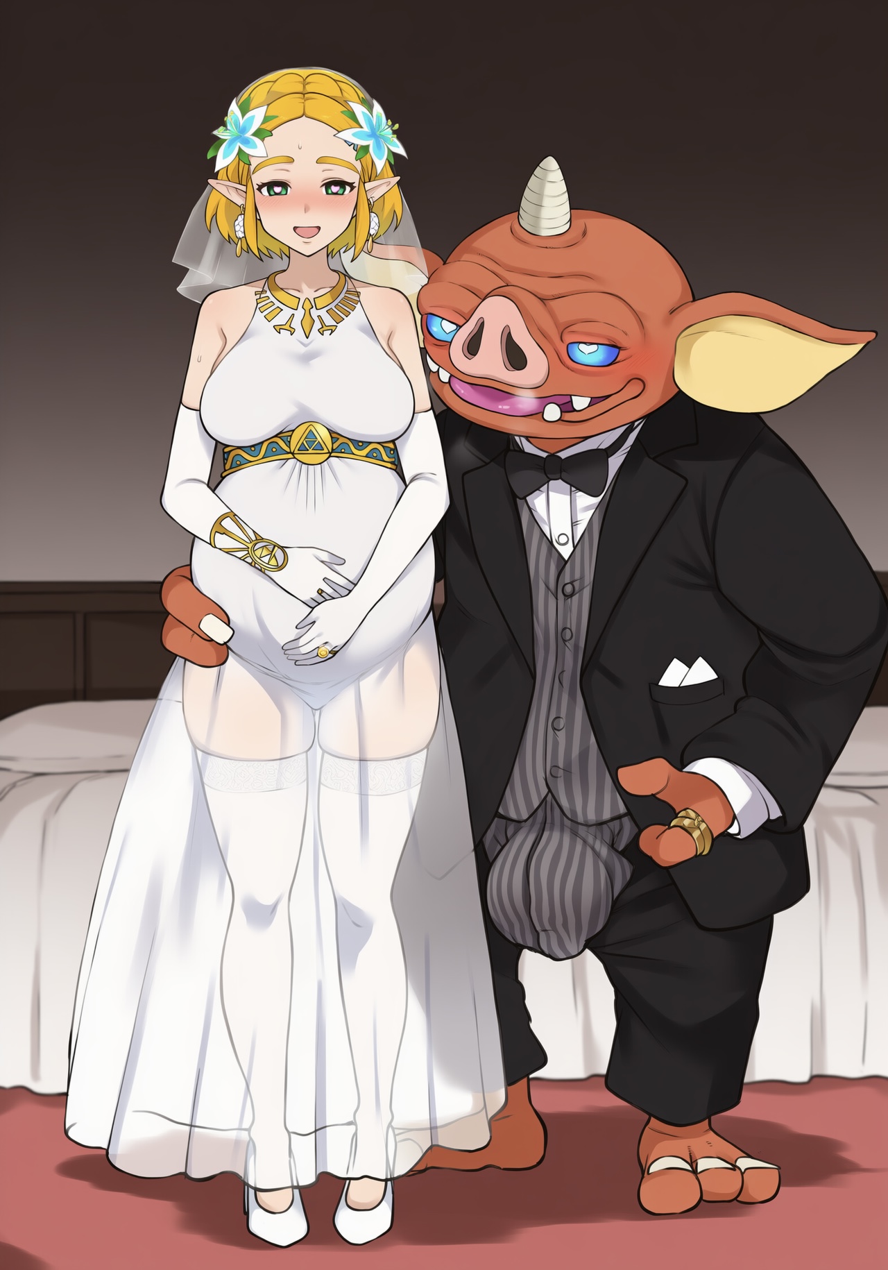ai generated, barefoot, blush, bokoblin, bowtie, bracelets, breasts, bride, bulge under clothes, child bearing hips, diamond ring, earrings, female, flower in hair, gloves, hand on hip, hand on stomach, happy, happy couple, heart-shaped pupils, high heels, honeymoon suite, horn, husband and wife, interspecies marriage, interspecies relationship, jewelry, large ass, large breasts, light-skinned female, male, married couple, penis, penis bulge, posing, pregnant, pregnant female, princess zelda, red skin, royalty, see-through clothing, silent princess, smile, standing side by side, stockings, suit and tie, tears of the kingdom, the legend of zelda, thigh gap, tuxedo, two tone clothing, ugly bastard, wedding band, wedding dress, wedding night, wedding ring, white dress, wide hips, zelda (tears of the kingdom)