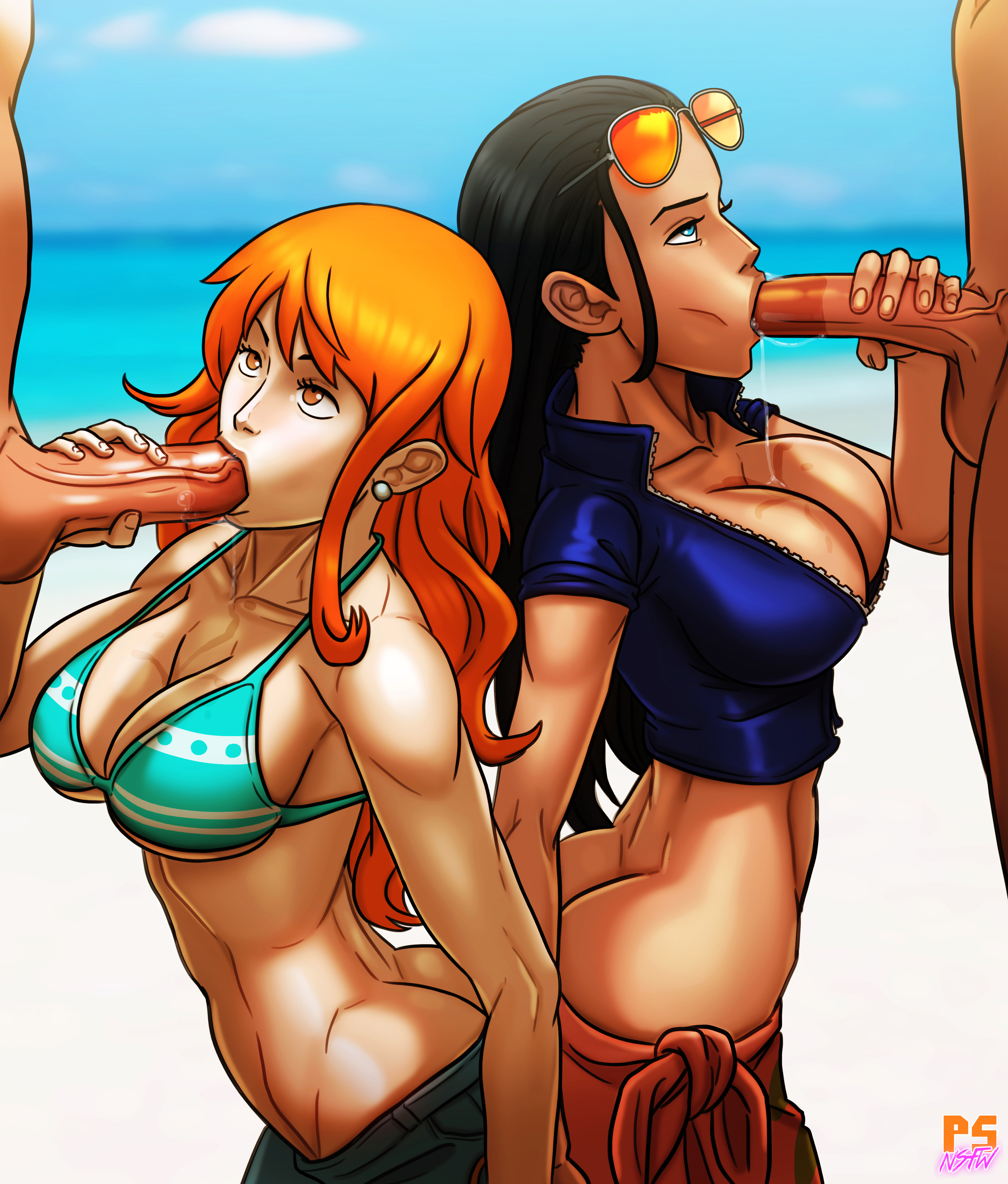 :>=, 2girls, angry dragon, ass, balls, big penis, bikini, black hair, black-haired female, blue eyes, breasts, cfnm, cleavage, earring, earrings, eyewear on head, faceless male, fellatio, female, huge breasts, jeans, long hair, male, median furrow, nami (one piece), nico robin, one piece, oral, orange eyes, orange hair, orange-haired female, pearl earrings, penis, post-timeskip, pumpkinsinclair, sarong, straight, striped bikini, sunglasses, sunglasses on head, white earrings