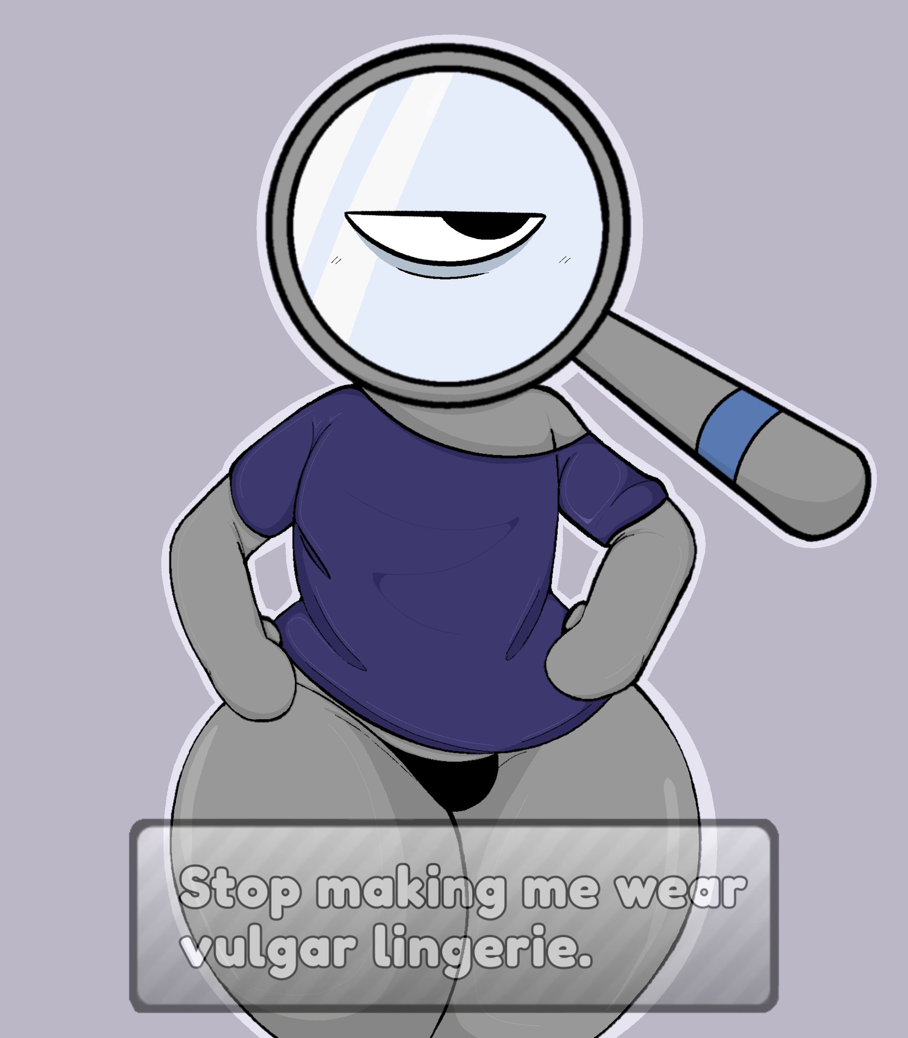 1boy, alpha sleeper rodger, ass, big ass, child bearing hips, dandy's world, english text, hands on hips, kirukato, magnifying glass, male, male only, off shoulder, roblox, rodger (dandy's world), simple background, tagme, thick thighs, thong, voluptuous male