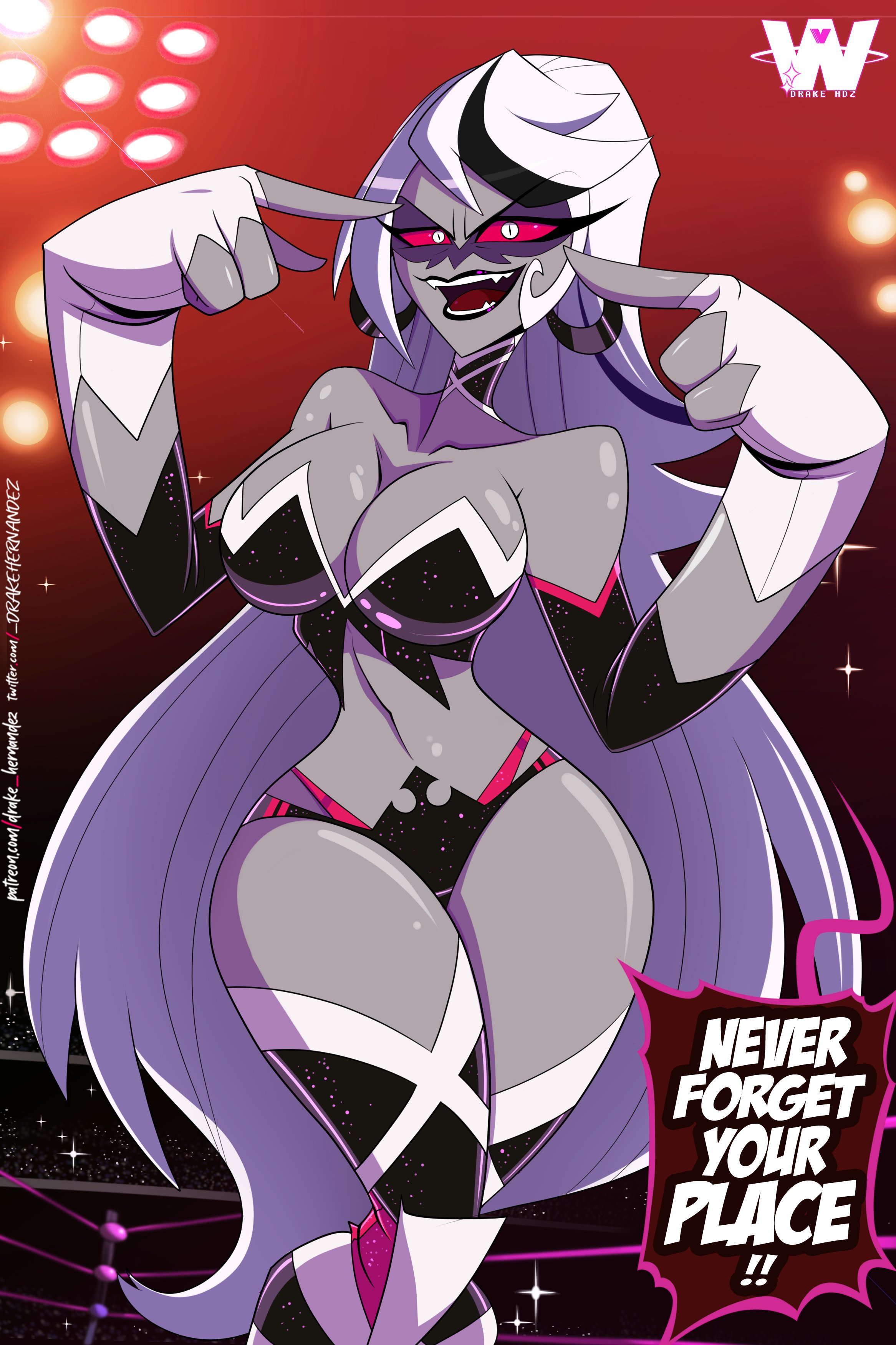 2female, 2girls, carmilla carmine, demon, demon girl, drakehernandez, english text, exorcist (hazbin hotel), female, female focus, female only, great dude, great-dude, hazbin hotel, lipstick, milf, red sclera, text, white hair, wrestler, wrestling, wrestling outfit, wrestling ring