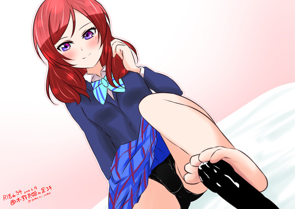 barefoot black_panties blush cum erection feet female foot_fetish footjob love_live! love_live!_school_idol_project nishikino_maki panties pantyshot pantyshot_(sitting) penis_silhouette purple_eyes red_hair school_uniform short_hair silhouette sitting smile tsurime upskirt yamato_yume