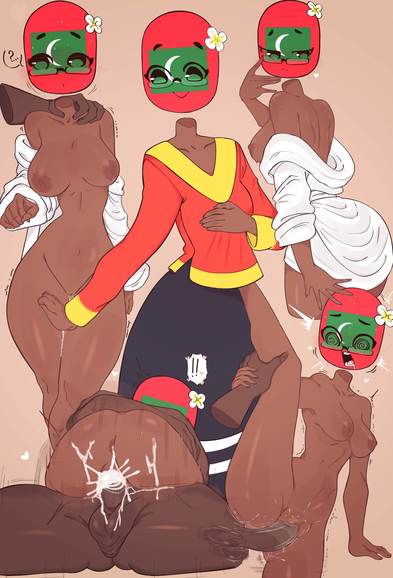 ?, 2025, big penis, breasts, countryhumans, countryhumans girl, cum, cum in pussy, cum inside, dark skin, dark-skinned female, dark-skinned male, faceless male, female, flawsy, flower, flower on head, glasses, heart, maldives (countryhumans), male, penis, pussy, small breasts, spiral eyes, tagme, thick thighs, vaginal penetration