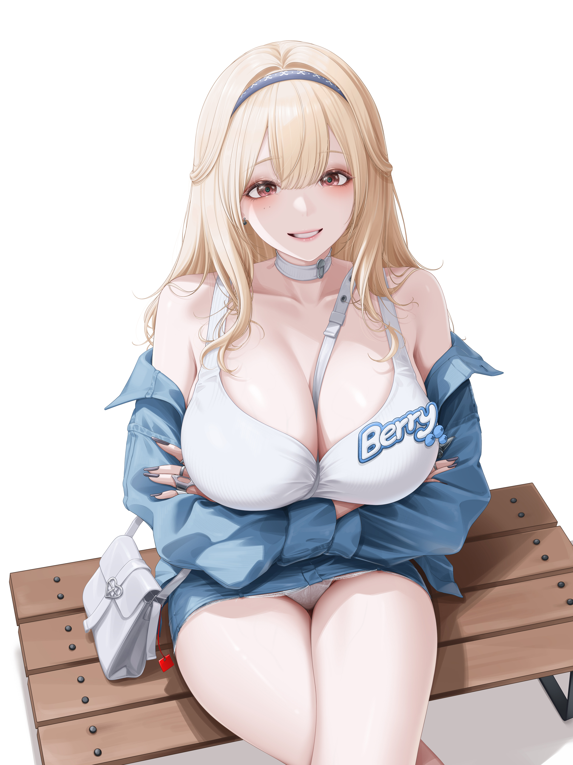 arms crossed, blonde female, blonde hair, breasts, cleavage, clothed, female, goddess of victory: nikke, huge breasts, large breasts, looking at viewer, myomomoo, pantyshot, shoulders, smile, smiling at viewer, tia (lovely date) (nikke), tia (nikke), white shirt