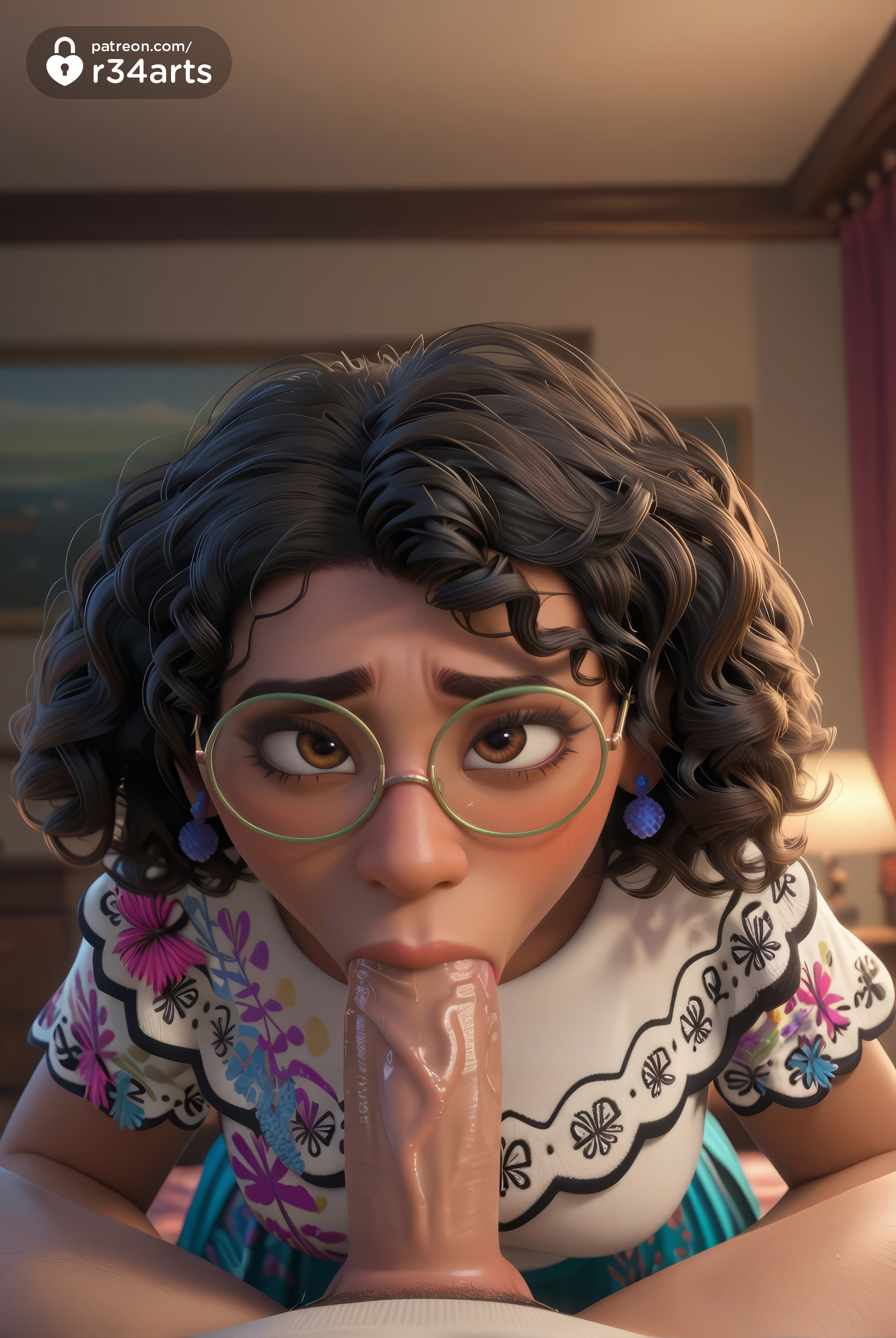 1boy, 1boy1girl, 1girls, ai generated, black hair, blowjob, blurry, blurry background, breasts, brown eyes, curly hair, dark skin, dark-skinned female, dark-skinned sub, disney, earrings, encanto, erection, fellatio, female, floral print, glasses, green-framed eyewear, hi res, indoors, jewelry, lamp, lips, lipstick, looking at viewer, makeup, male, mirabel madrigal, nose, oral, pearl earrings, penis, pov, r34arts, round eyewear, saliva, shirt, short sleeves, skirt, solo focus, straight, thick eyebrows, thick lips, uncensored, veins, veiny penis, wavy hair, white shirt