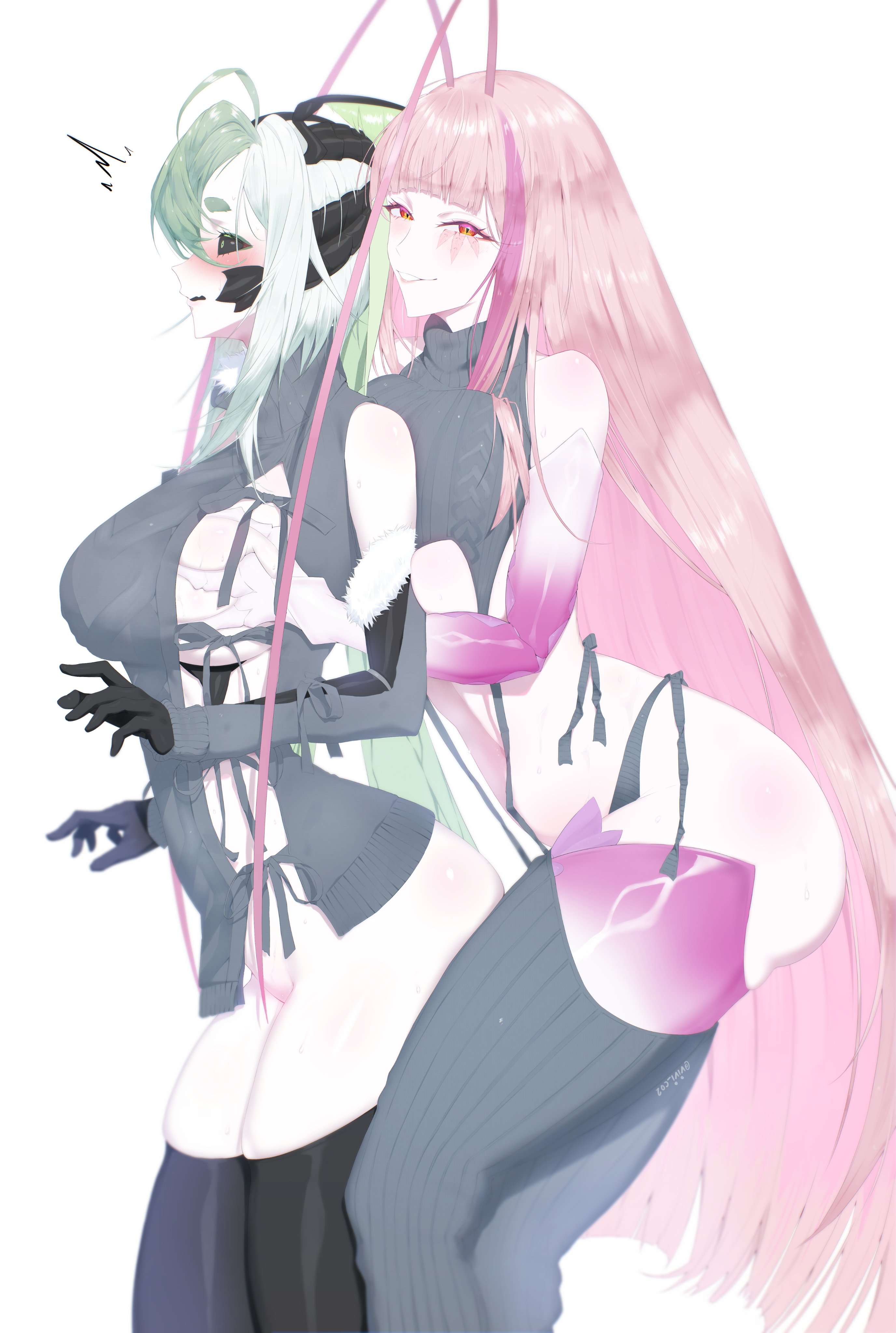 2girls, alien girl, antennae (anatomy), big breasts, big butt, black sclera, breast grab, breasts, carapace, cockroach girl, female, female only, grabbing from behind, groping breasts, insect girl, juniper (egocider), juniper actias, long antennae, long hair, looking at viewer, matara kan, milf, moth girl, red eyes, red hair, smiling, smiling at viewer, startled, sweater, thighs, virtual youtuber, vivi co