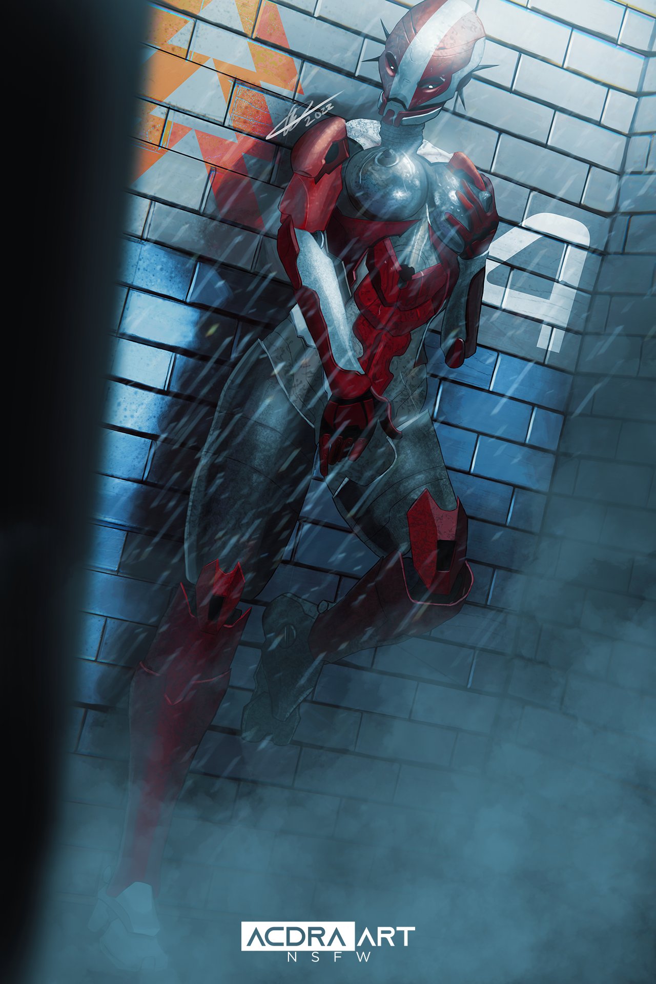 1girls, acdraart, breast grab, breasts, destiny (game), exo (destiny), female, female only, grabbing own breast, masturbation, nipples, original character, raining, robot, robot girl, semi public, solo, standing masturbation