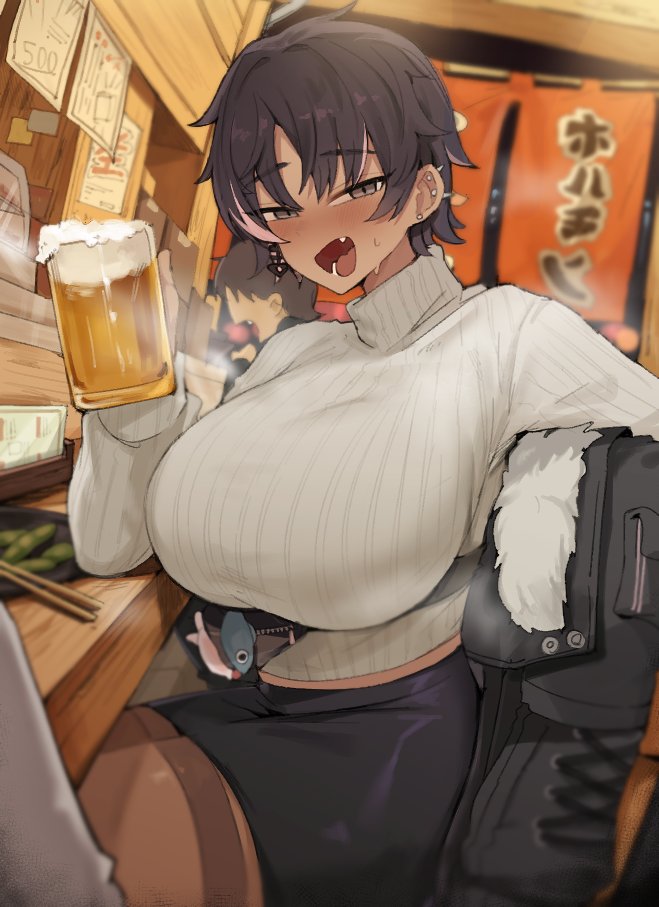 bar, beer, beer mug, bon (vtuber), breasts, busty tomboy, clothed, drunk, ear piercing, female, grey eyes, gurenola, large breasts, leaning on counter, purple hair, short hair, sitting, thick, tomboy, virtual youtuber, vtuber