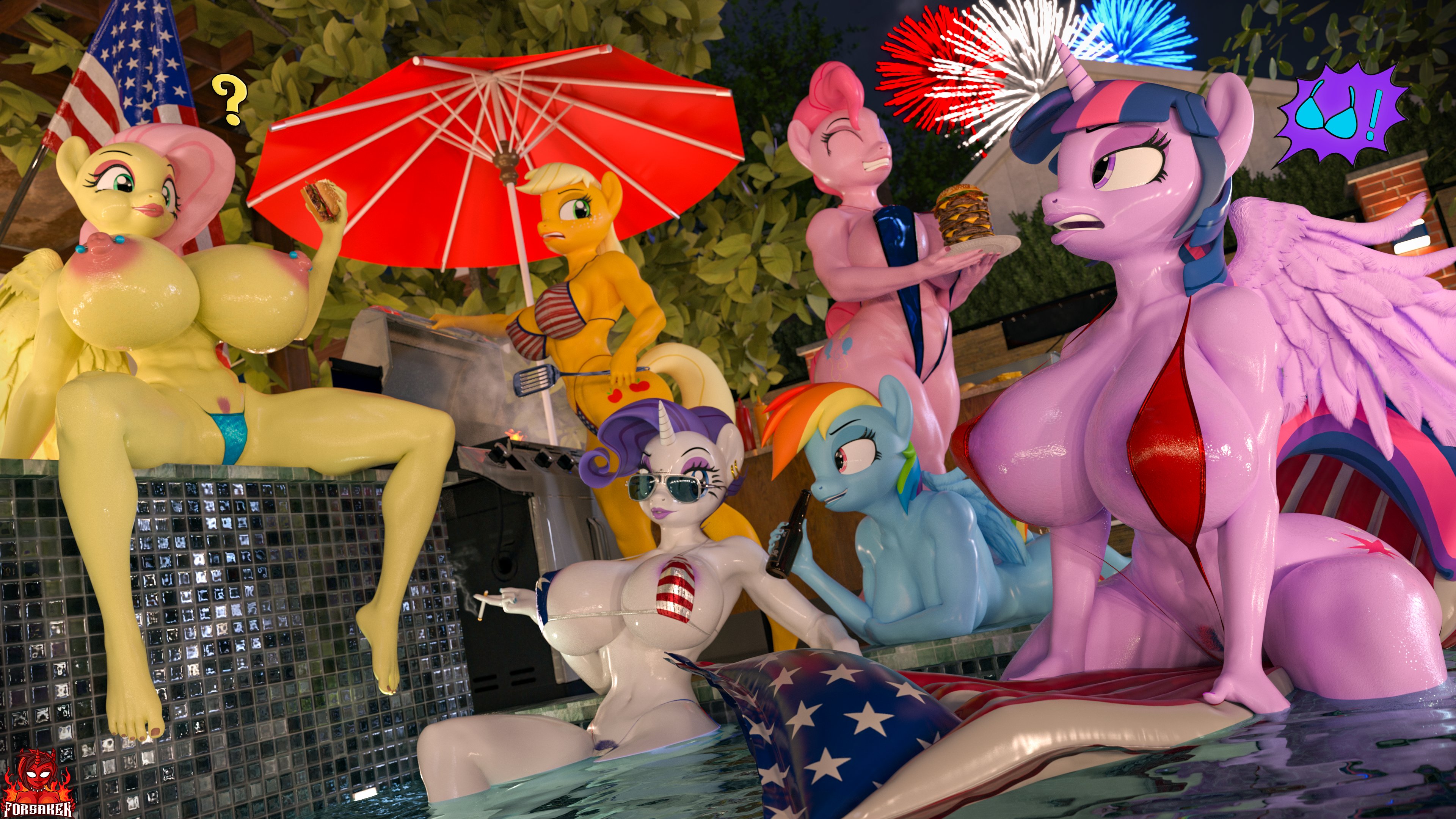 3d, 4th of july, 6girls, absurd res, anthro, applejack (mlp), areola, biped, breasts, burger, cigarette, closed eyes, clothed, clothing, detailed background, digital media (artwork), eating, equid, equine, eyebrows, eyelashes, female, fluttershy (mlp), food, forsaken (artist), friendship is magic, group, hasbro, hi res, holding cigarette, mammal, mane six (mlp), mouth closed, my little pony, nipples, nude, one-piece swimsuit, open mouth, outside, piercing, pinkie pie (mlp), pubes, pupils, rainbow dash (mlp), rarity (mlp), sitting, sling bikini, smoke, smoking, swimwear, thick thighs, three-quarter view, topless, twilight sparkle (mlp)
