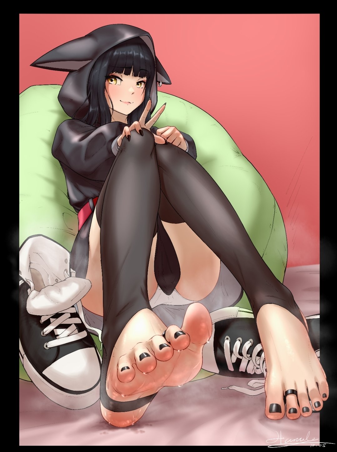 black hair, black legwear, black nails, black toenails, converse, feet, female, flamerush191, hoodie, legwear, looking at viewer, nail polish, neo: the world ends with you, panties, peace sign, shoes, shoes removed, shoka sakurane, soles, solo, solo female, stirrup legwear, stirrup thighhighs, sweat, sweaty feet, the world ends with you, toe ring, toe rings, toes, upskirt, yellow eyes