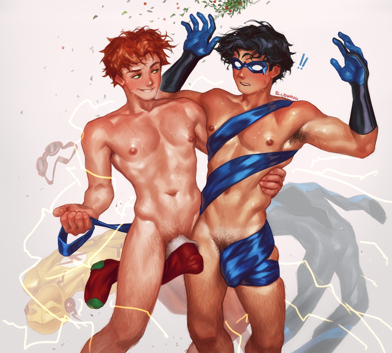 admiring, armpit hair, bludwing, blush, christmas sock, dc, dc comics, dick grayson, domino mask, gay, holidays, imminent sex, kid flash, male, male only, mistletoe, naked male, nightwing, nude guy wrapped in ribbons standing (meme), ribbons, wally west