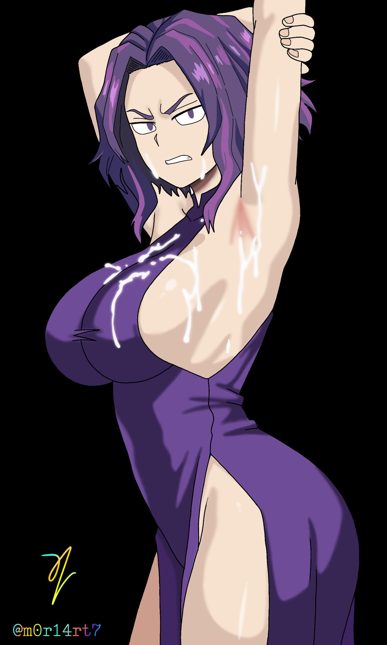 1girls, after sex, alternate version at source, alternate version available, angry, armpits, arms up, artist signature, blank background, breasts, clothed, cum, cum on armpit, cum on breasts, cum on face, female, high slit dress, kaina tsutsumi, lady nagant, m0r14rt7, my hero academia, pelvic curtain, presenting armpit, purple eyes, purple hair, purple-haired female, side cutout, sideboob, solo, solo female