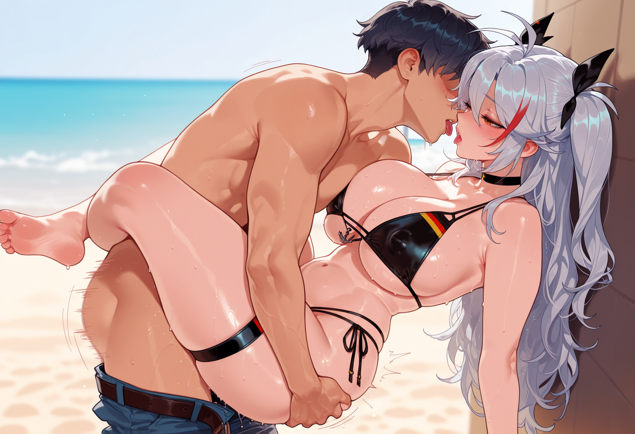 1boy, 1girls, after kiss, ai generated, antenna hair, ass grab, azur lane, balecxi, bare shoulders, barefoot, beach, bikini, black bikini, black choker, black hair, black ribbon, black swimsuit, blush, breasts, choker, cleavage, clothes pull, clothing, collarbone, covered nipples, curvaceous, curvaceous female, curvaceous figure, curvy, curvy figure, day, exhibitionism, faceless, faceless male, feet, female, female focus, flag print, french kiss, german flag, german flag bikini, grey hair, hair ornament, hair ribbon, half-closed eyes, huge breasts, kissing, large breasts, leg lock, legs, long hair, male, mole, mole on breast, motion lines, multi-strapped bikini bottom, multi-strapped bikini top, multicolored hair, navel, nipples, ocean, official alternate costume, open mouth, outdoor nudity, outdoors, outside, pants, pants pull, penis, prinz eugen (azur lane), prinz eugen (unfading smile) (azur lane), pussy, red eyes, red hair, ribbon, saliva, saliva trail, sex, side-tie bikini bottom, sideboob, skindentation, soles, stomach, straight, streaked hair, sweat, swimsuit, thigh strap, thighs, toe scrunch, toes, tongue, tongue out, two side up, underboob, upright straddle, vaginal penetration, very long hair, voluptuous, voluptuous female, water, white hair