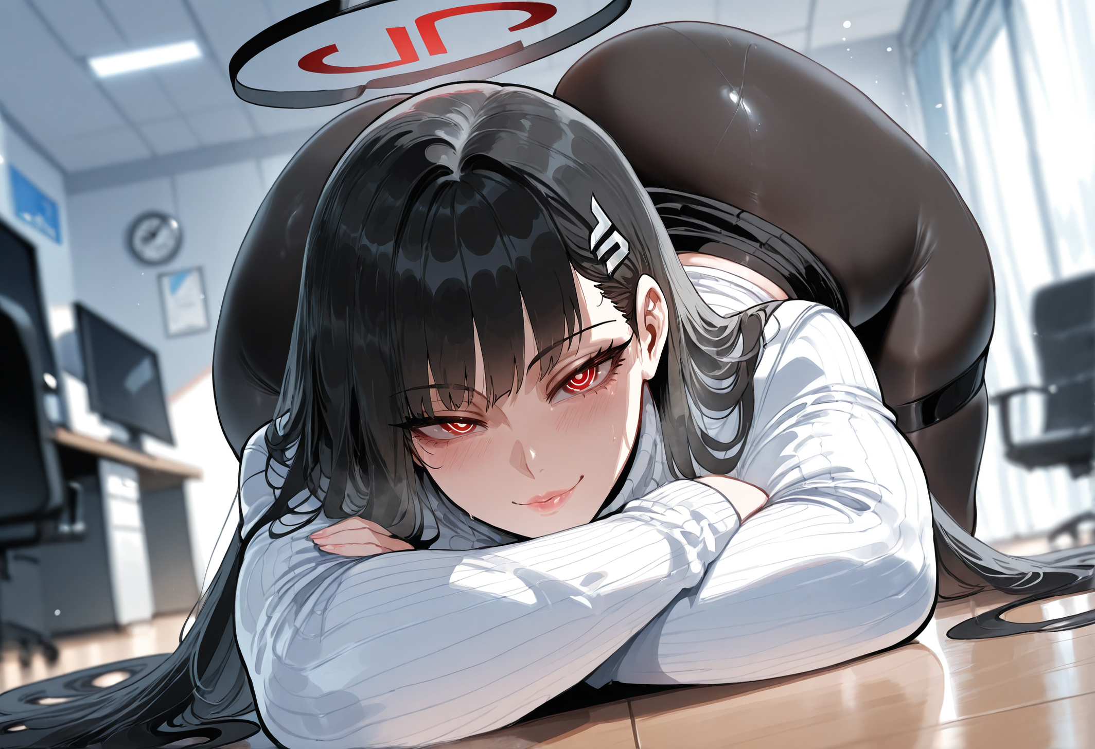1boy, ai generated, bangs, black hair, blue archive, blurry, blurry background, blush, crossed arms, curvaceous, curvaceous female, curvaceous figure, curvy, curvy body, curvy female, curvy figure, curvy hips, depth of field, female, hair ornament, hairclip, high heels, huge ass, indoors, lips, long hair, long sleeves, looking at viewer, male, miyuai, pantyhose, red eyes, rio (blue archive), smile, solo, thick, thick ass, thick legs, thick thighs, top-down bottom-up, uncensored, voluptuous, voluptuous body, voluptuous female