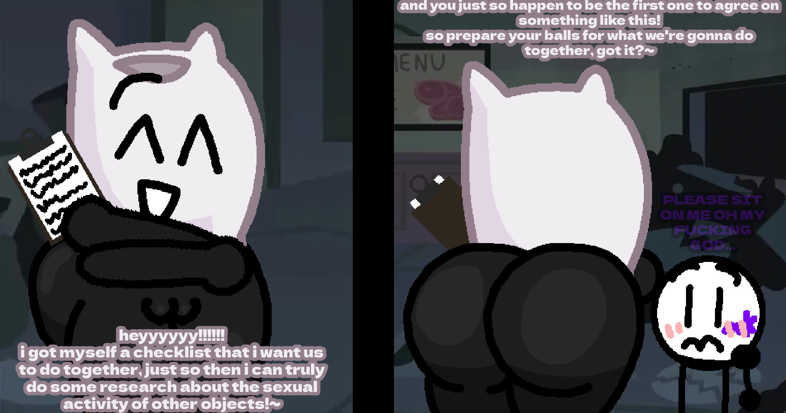 ass, battle for bfb, battle for bfdi, battle for dream island, bfb, bfdi, big ass, big ass (female), checklist, female, hyper, hyper ass, i suppose its mark, inminent sex, marklimarko, mk ball (marklimarko), object shows, oc x canon, pillow (bfdi), pussy, size difference, talking, talking to another