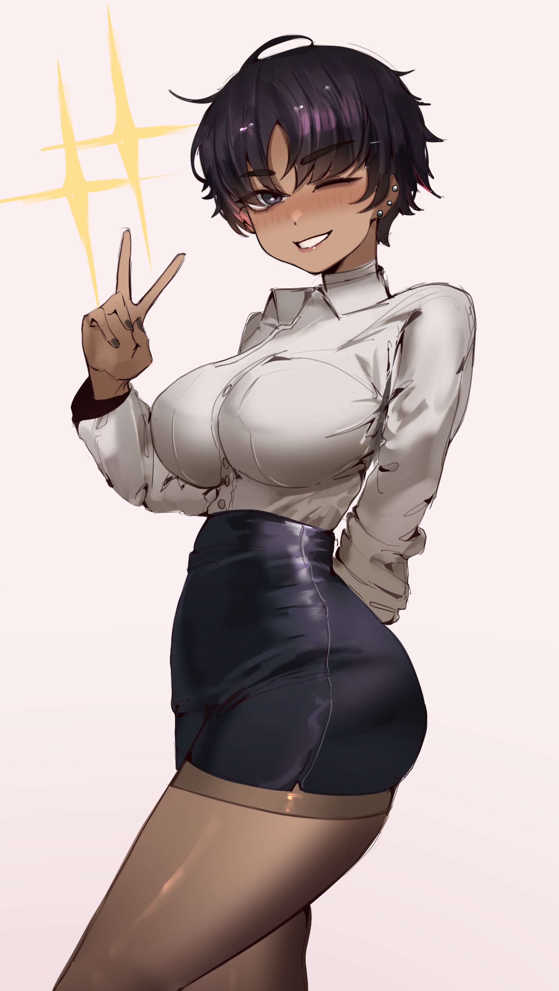 bon (vtuber), breasts, clothed, clothing, ear piercing, female, grey eyes, kuwae, large breasts, office lady, peace sign, piercings, purple hair, short hair, thick thighs, tomboy, very short hair, virtual youtuber, vtuber