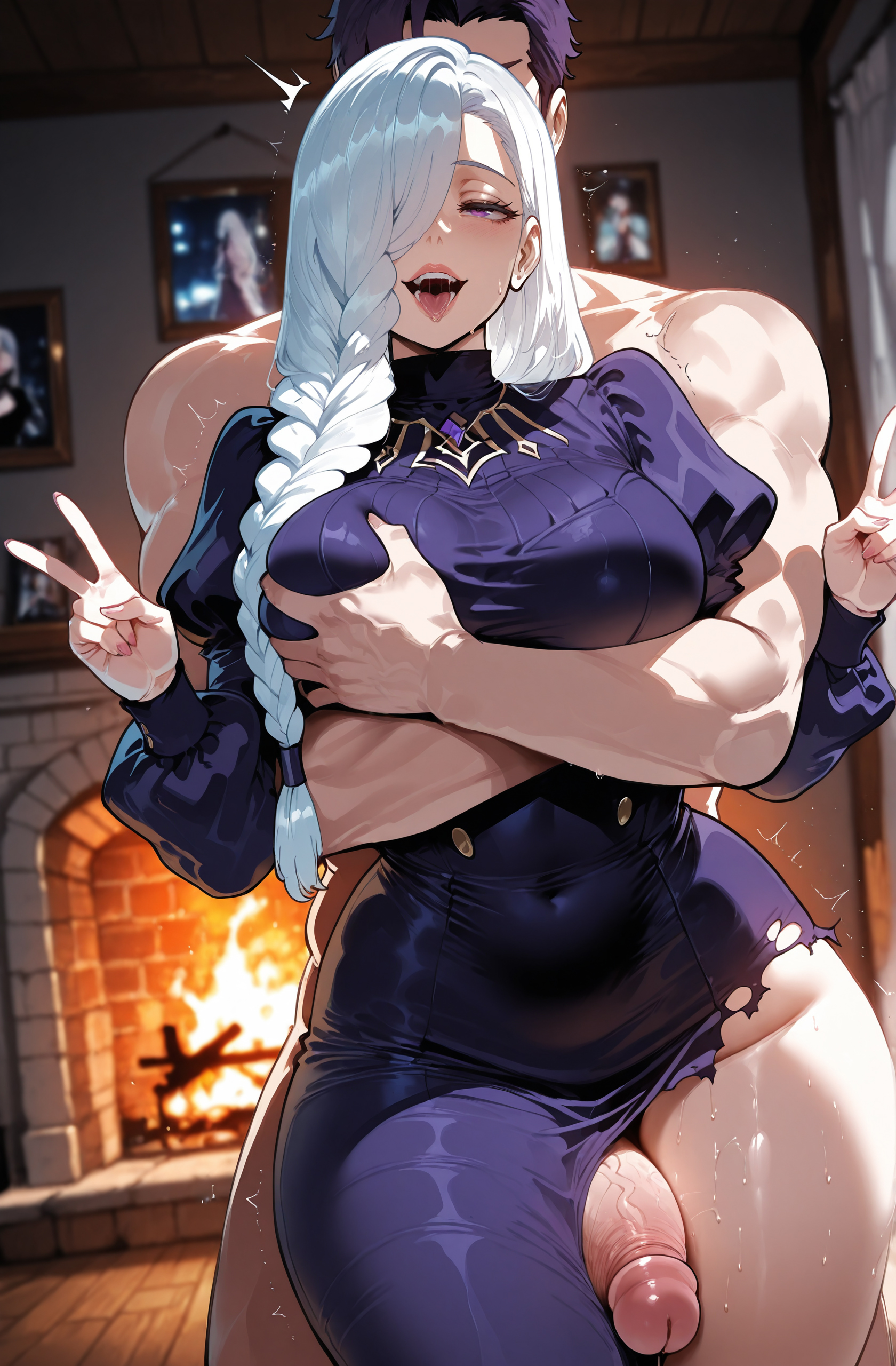 1boy, ai generated, breast grab, breasts, covered navel, curvaceous, curvaceous female, curvaceous figure, curvy, curvy body, curvy female, curvy figure, curvy hips, erection, female, grabbing, grabbing from behind, hair over one eye, jujutsu kaisen, large breasts, long hair, looking at viewer, male, mei mei (jujutsu kaisen), miyuai, open mouth, penis, purple eyes, silver hair, straight, tagme, thick, thick ass, thick legs, thick thighs, thigh gap, thigh sex, thighs, tongue, tongue out, torn clothes, uncensored, v, voluptuous, voluptuous body, voluptuous female