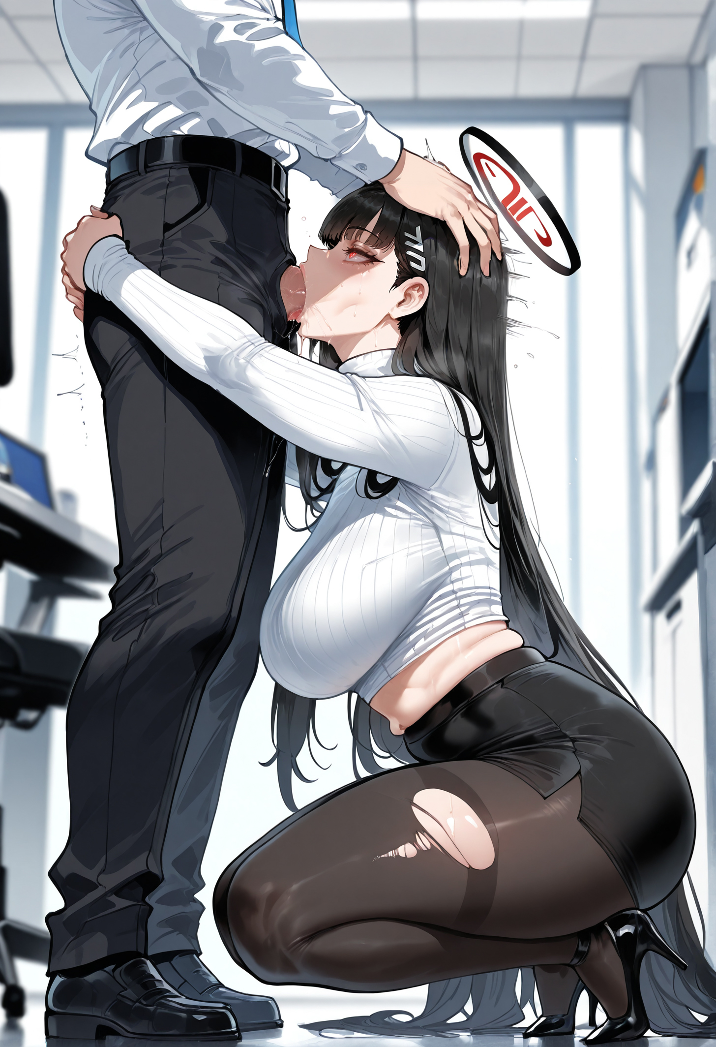 1boy, ai generated, bangs, belt, black footwear, black hair, black legwear, black skirt, blue archive, blurry, blurry background, blurry foreground, blush, breasts, curvaceous, curvaceous female, curvaceous figure, curvy, curvy body, curvy female, curvy figure, curvy hips, depth of field, fellatio, female, high heels, kneeling, large breasts, long hair, male, miyuai, office lady, oral, pantyhose, rio (blue archive), shirt, skirt, squatting, sweat, thick, thick ass, thick legs, thick thighs, torn clothes, torn legwear, uncensored, voluptuous, voluptuous body, voluptuous female, white shirt
