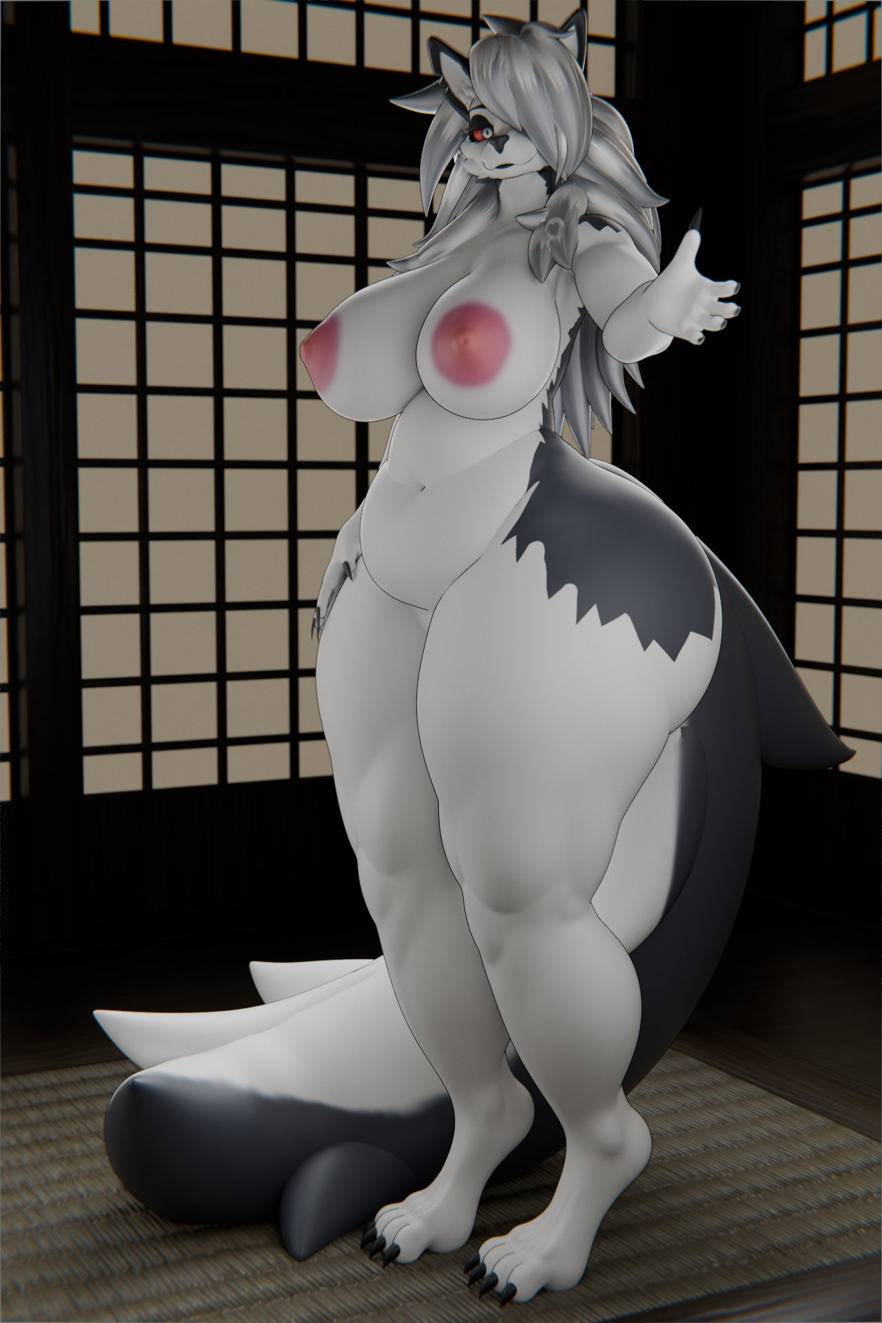 1girls, 3d, anthro, areola, ass, big ass, big breasts, breasts, canid, canid demon, canine, canis, demon, demon girl, digital media (artwork), ears, female, goth, goth girl, grey body, grey fur, grey hair, hair over one eye, hellaverse, hellhound, helluva boss, hi res, huge ass, huge breasts, indoors, inside, long hair, looking at viewer, loona (helluva boss), mammal, mythological canine, mythological creature, mythology, naked, naked female, nipples, nude, nude female, overweight, pupils, raguda, reaching out, red sclera, slit pupils, smile, solo, standing, tail, thick thighs, two-tone body, two-tone fur, two-tone tail, white body, white eyes, white fur, wide hips, wolf, wolf girl