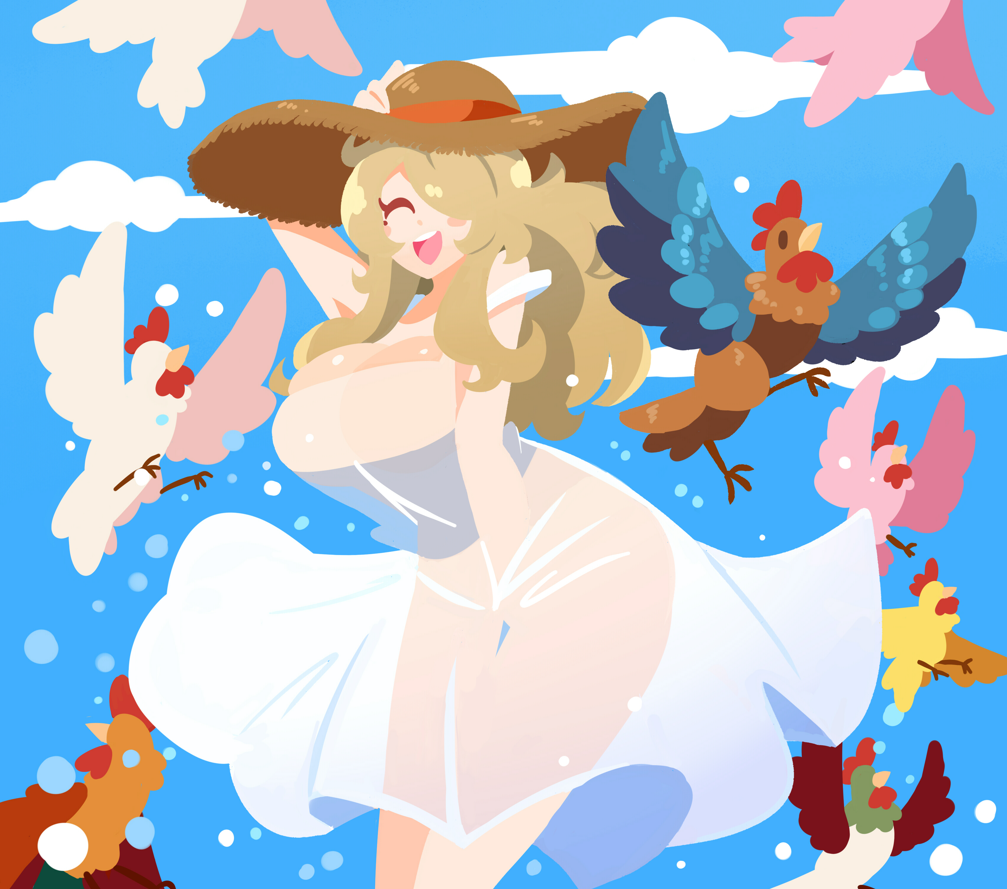 1girls, big breasts, blonde hair, murgoten, no underwear, see-through clothing, solo, solo female, stella (murgoten), straw hat, tagme, wide hips