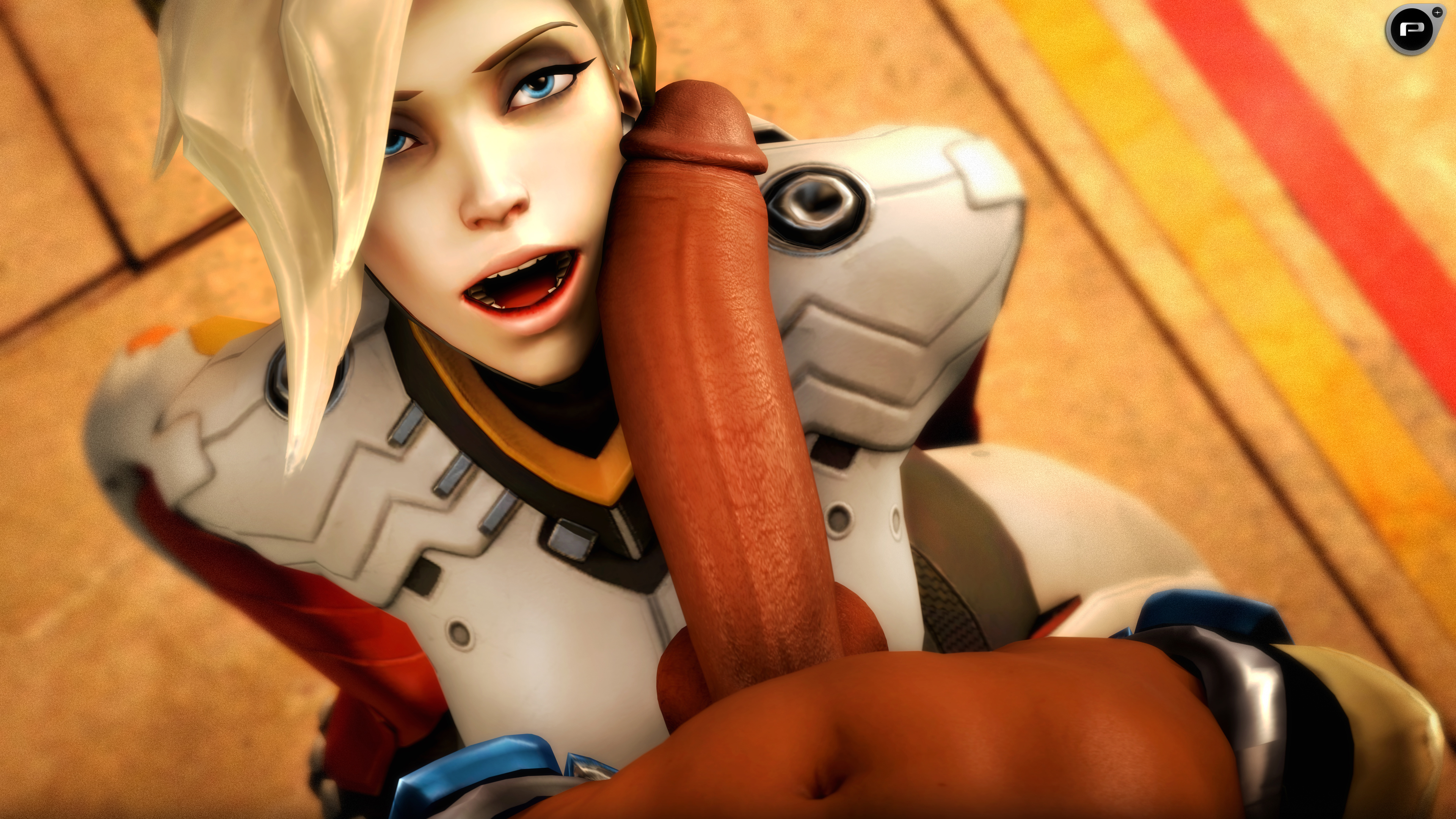 3d, absurdres, big penis, dark skin, dark-skinned futa, dickgirl, erection, female, futa on female, futa pov, futanari, highres, intersex, looking at viewer, mercy, open mouth, overwatch, penging-arts, penis, pharah, pov, source filmmaker