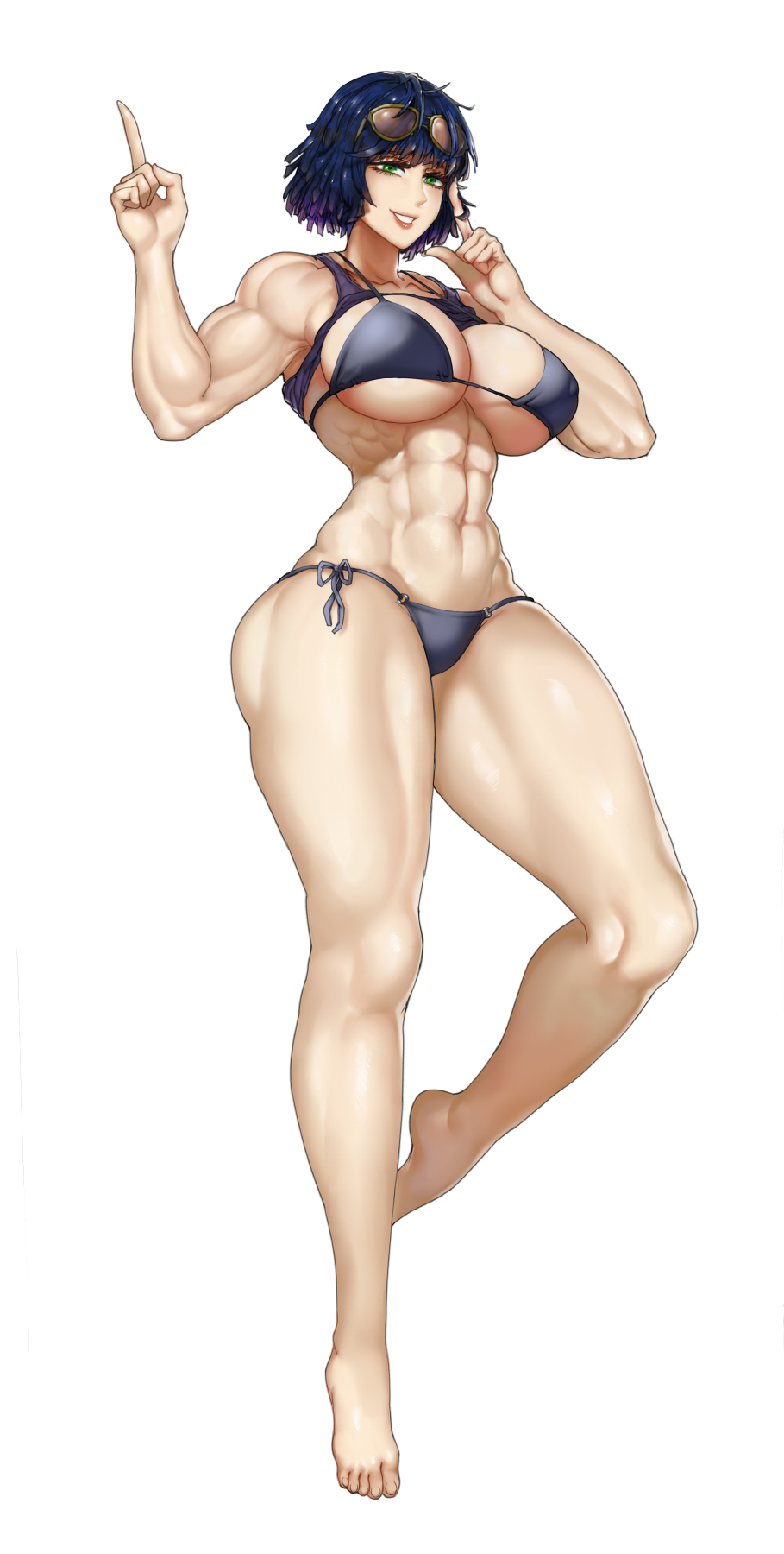 abs, barefoot, bikini, blue hair, breasts, female, fubuki (one-punch man), glasses, green eyes, large breasts, muscles, muscular, muscular female, navel, one-punch man, smile, solo, thegoldensmurf, thong