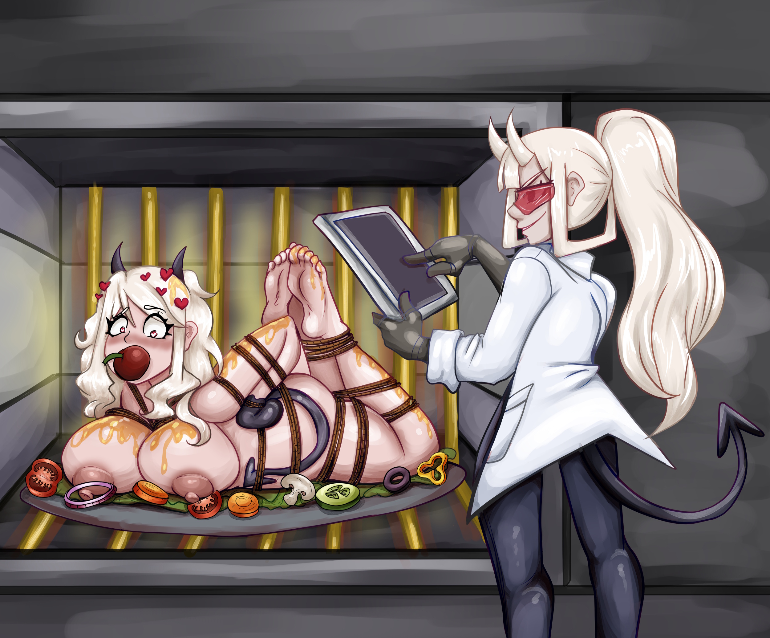 2girls, ambiguous consent, apple gag, blush, bondage, cannibalism, cooking, demon horns, demon tail, feet, female, heart eyes, helltaker, humiliation, imminent death, implied cannibalism, kitchen, kyunamaori, loremaster (helltaker), modeus (helltaker), oven, tied, tied up, tinted eyewear, visor