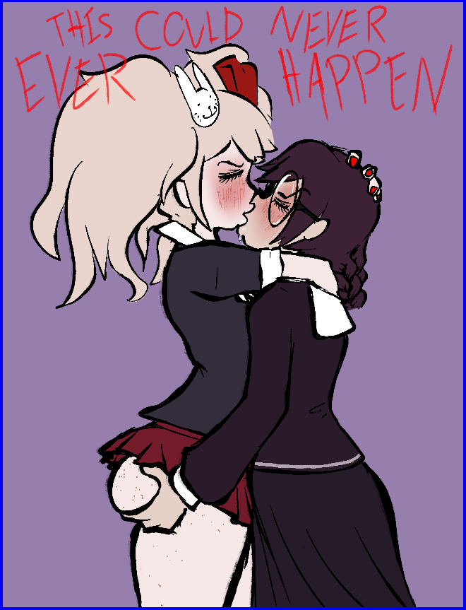 2girls, blonde hair, blush, closed eyes, danganronpa, female, freckles, freckles on ass, french kissing, fukawa touko, grabbing ass, hugging, jimiko, kissing, large ass, mukuro ikusaba, mukuro ikusaba (junko), nickslick, passionate kiss, purple hair, round glasses, steadmondslick, yuri