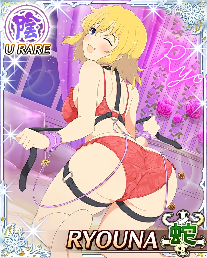 :3, ass, blonde hair, blue eyes, blush, bra, card (medium), garter, open mouth, panties, ryouna (senran kagura), senran kagura, short hair, smile, wink, yaegashi nan