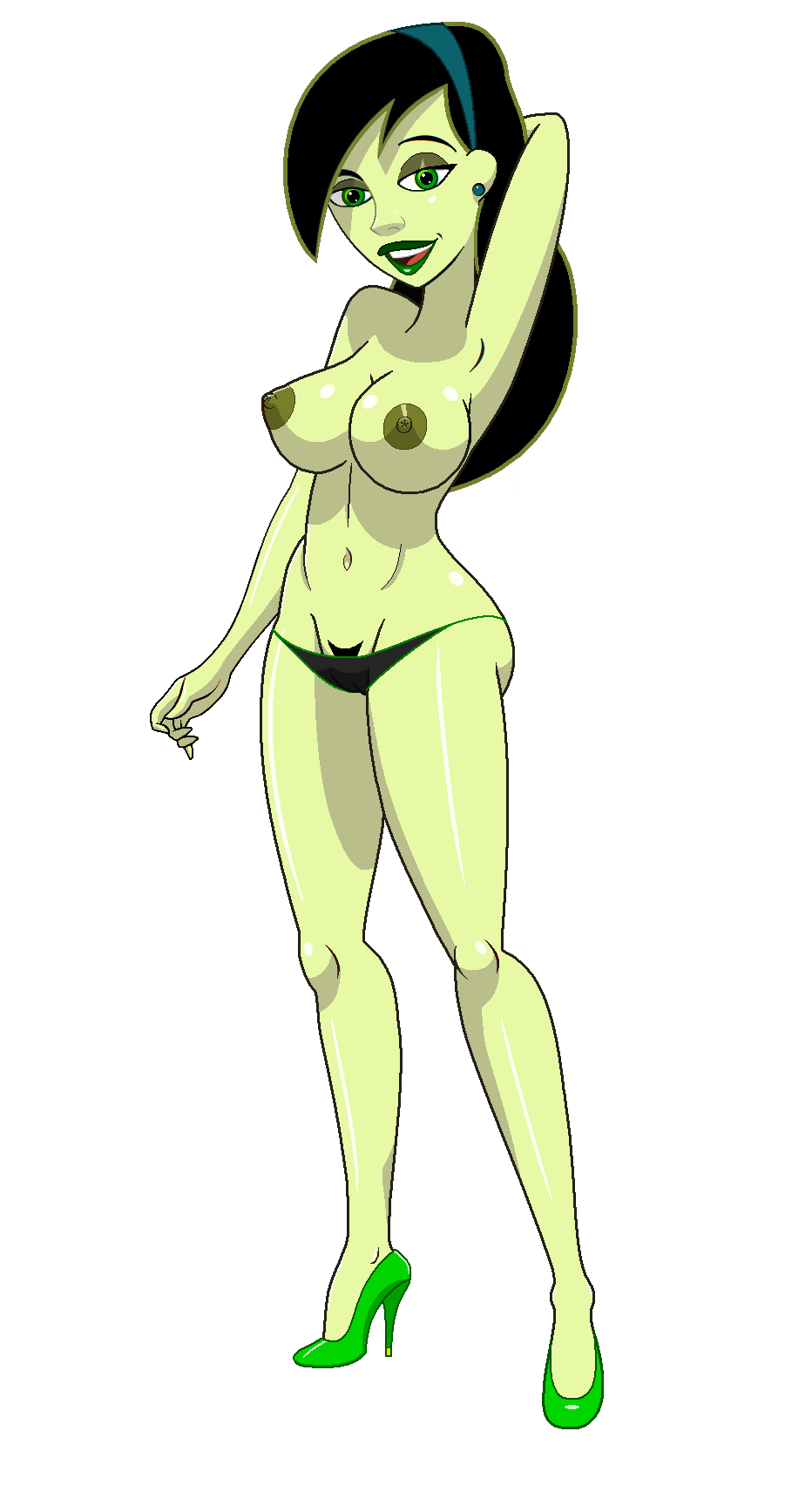 1girls alternate_version_available areola_slip arms_behind_head bare_shoulders big_breasts black_hair black_panties breasts busty cleavage curvy disney disney_channel ear_piercing earrings erect_nipple erect_nipples eyeliner eyeshadow female female_only fnbman front_view green_eyes green_lipstick green_skin hair_ornament hairband hairy_pussy half-dressed half_dressed hand_behind_head hands_behind_head high_heels hourglass_figure human kim_possible lingerie lipstick long_hair looking_at_viewer makeup miss_go nipples no_bra open_mouth panties piercing pose posing pubes pubic_hair shego shiny shiny_skin simple_background solo standing stockings topless underwear voluptuous white_background wide_hips