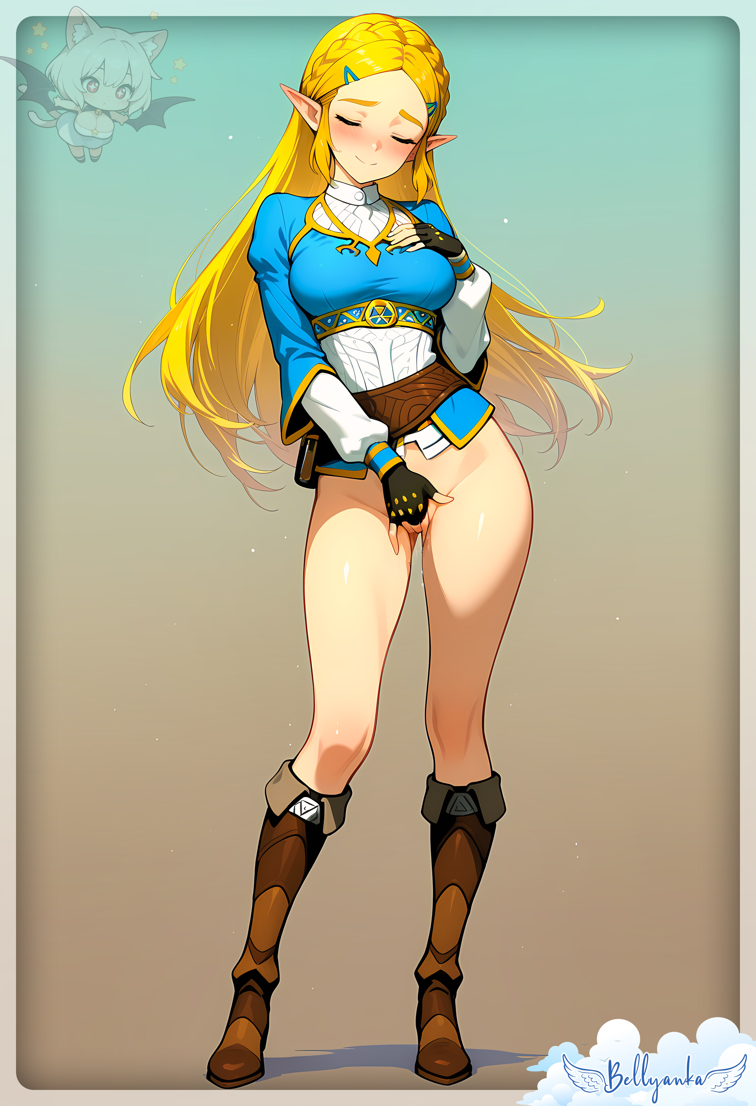 2025, ai generated, background, bellyanka, blonde female, blonde-haired female, blush, boots, bottomless, closed eyes, closed eyes smile, closed mouth, closed mouth smile, closing eyes, deviantart, female, female only, knee boots, masturbation, mouth closed, nintendo, princess zelda, pussy, standing, standing masturbation, tagme, the legend of zelda, touching vagina