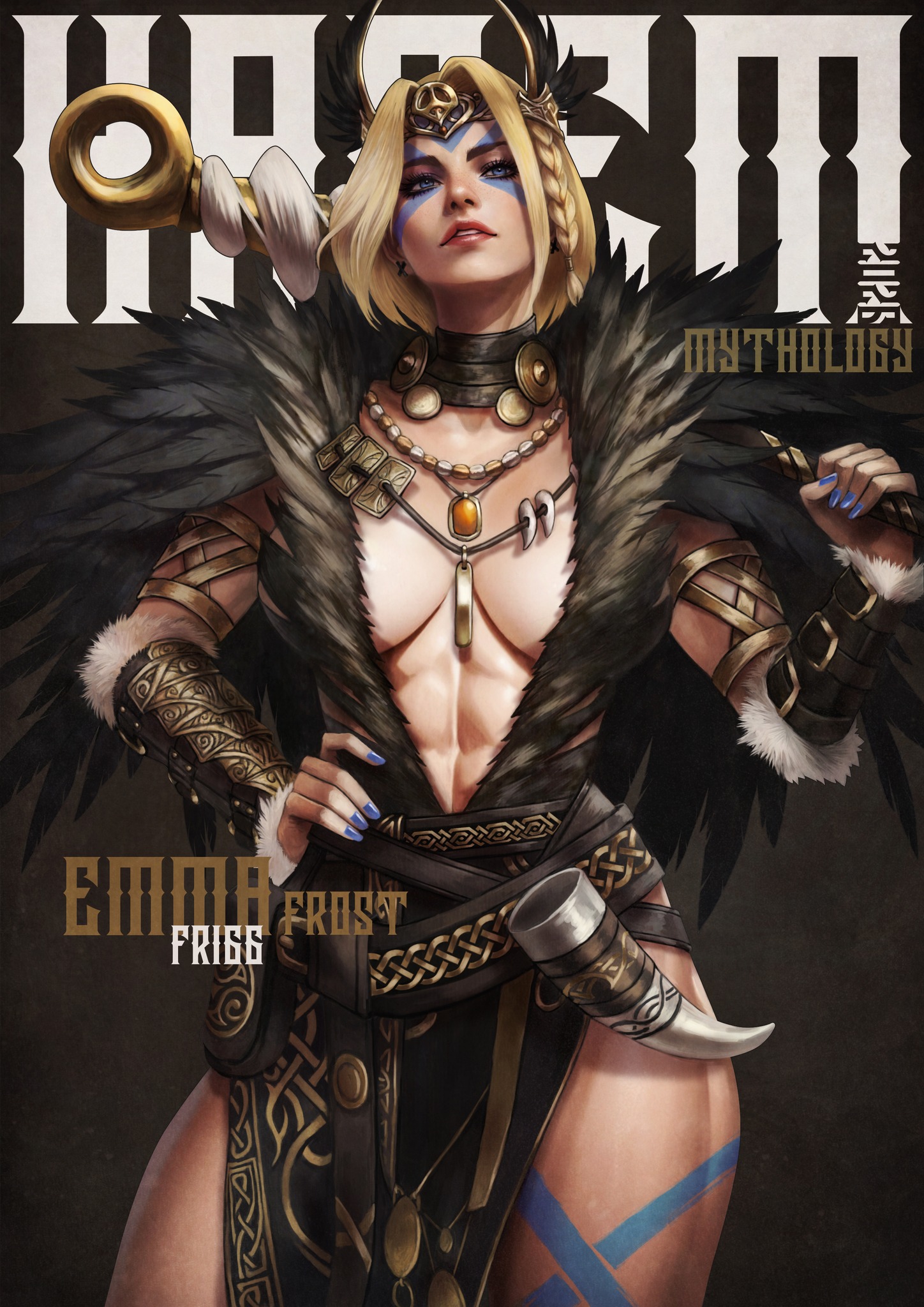 1girls, blonde hair, blue eyes, bodypaint, bracers, breasts, cleavage, clothed, clothed female, clothing, emma frost, face paint, face tattoo, female, female focus, female only, hunting horn, lipstick, loincloth, magazine cover, marvel, marvel comics, monorirogue, necklace, necklace between breasts, non-nude, norse mythology, painted nails, winged helmet