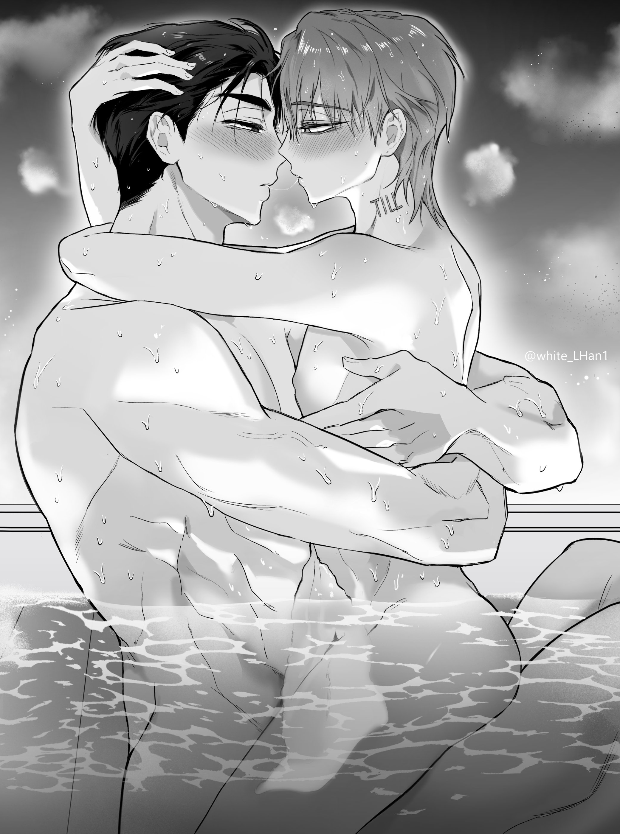 after kiss, alien stage, bedroom eyes, black hair, blush, gay, grey hair, hugging, hugging another, in water, ivan (alien stage), male, male only, male/male, muscular, muscular male, musk, naked, naked male, pale skin, pretty boy, saliva, saliva trail, simple background, sitting on person, skinny, sweat, sweatdrop, till (alien stage), wet, wet body, yaoi