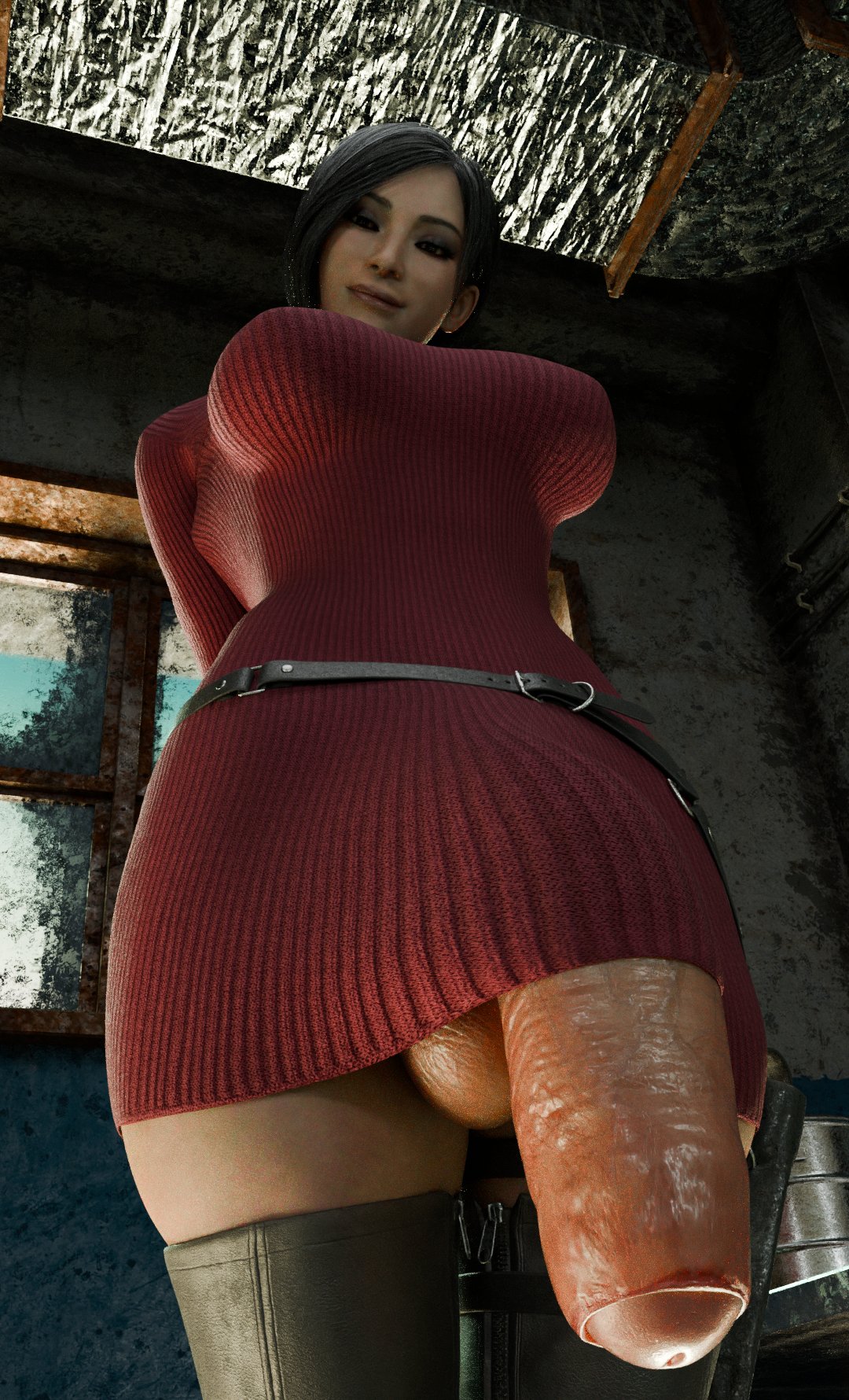 1futa, 3d, ada wong, balls, big breasts, black hair, breasts, capcom, flaccid, foreskin, futa only, futanari, huge balls, huge cock, intersex, large breasts, looking at viewer, looking down, low-angle view, milan3d, partially retracted foreskin, penis, penis out, resident evil, retracted foreskin, solo, solo futa, sweater, thick thighs, thighhighs, uncircumcised, veiny penis