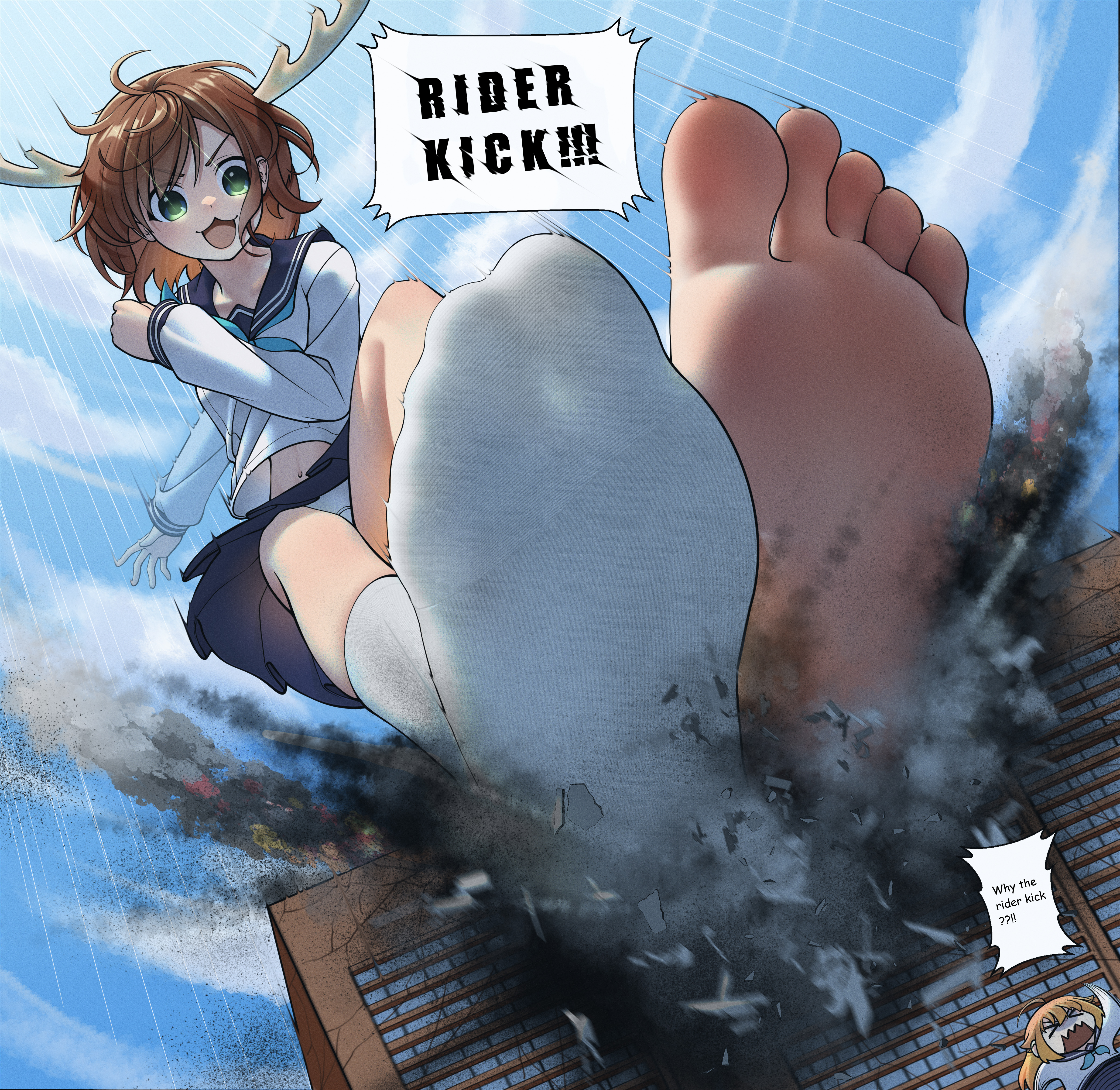 2girls, barefoot, deer, feet, female, foot fetish, giantess, giantess feet, kick, kicking, koshi torako, shikanoko noko, shikanoko nokonoko koshitantan, socks