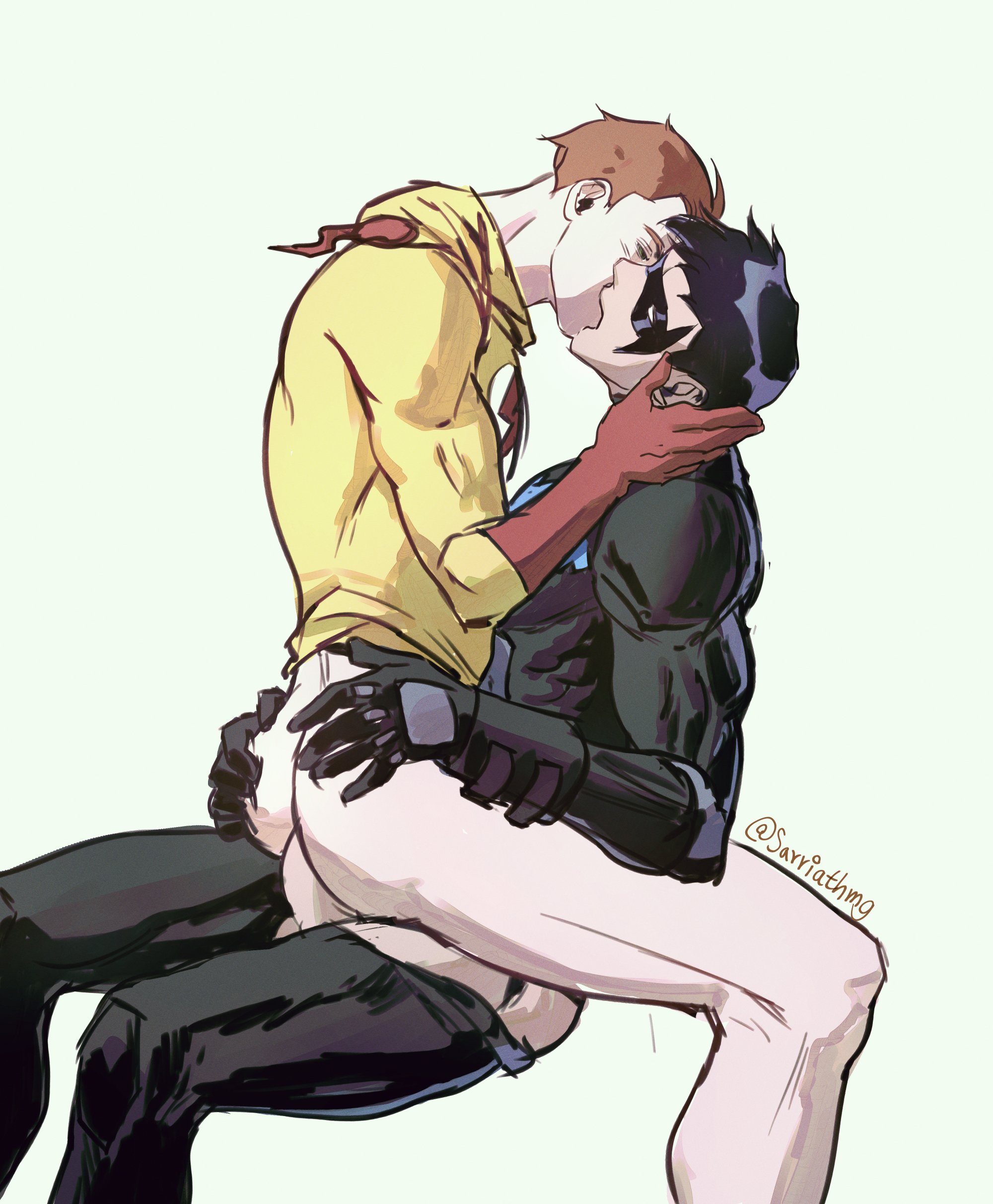 anal sex, batman (series), clothed sex, dc, dc comics, dick grayson, gay, gay sex, kid flash, kissing, kissing while penetrated, male, male only, nightwing, no pants, partially clothed, sarriathmg, the flash (series), wally west, young justice, young justice: invasion