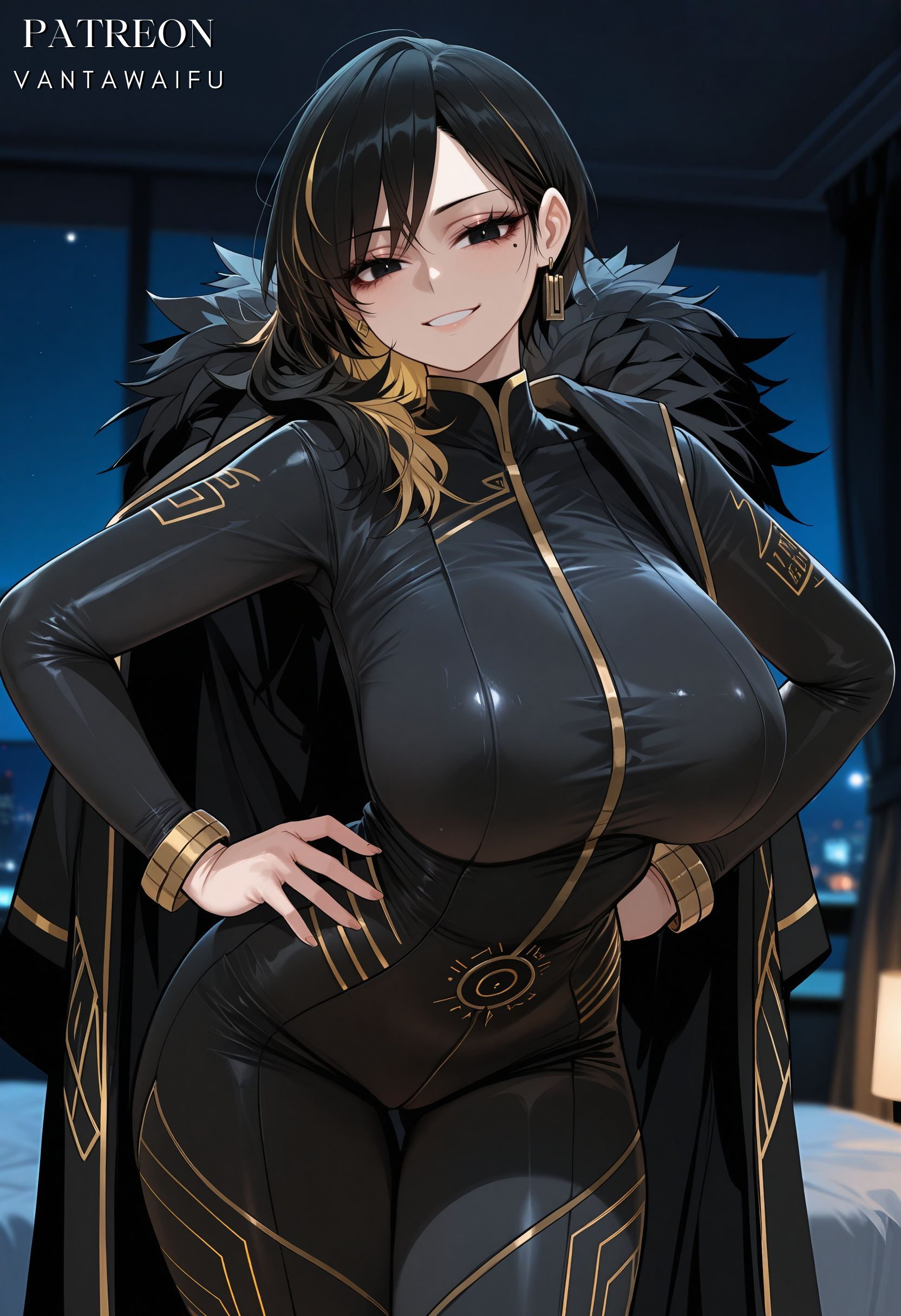 ai generated, bangs, binah, binah (project moon), black bodysuit, black coat, black eyes, black hair, blonde hair, bodysuit, breasts, clothing, coat, coat on shoulders, colored inner hair, cowboy shot, earrings, female, fur trim, fur-trimmed coat, gold trim, grin, hands on own hips, huge breasts, indoors, jewelry, large breasts, library of ruina, long hair, long sleeves, looking at viewer, medium hair, mole, mole under eye, multicolored hair, netorare, night, ntr, parted lips, patreon username, skin tight, smile, solo, streaked hair, taut clothes, thighs, two-tone hair, vantawaifu