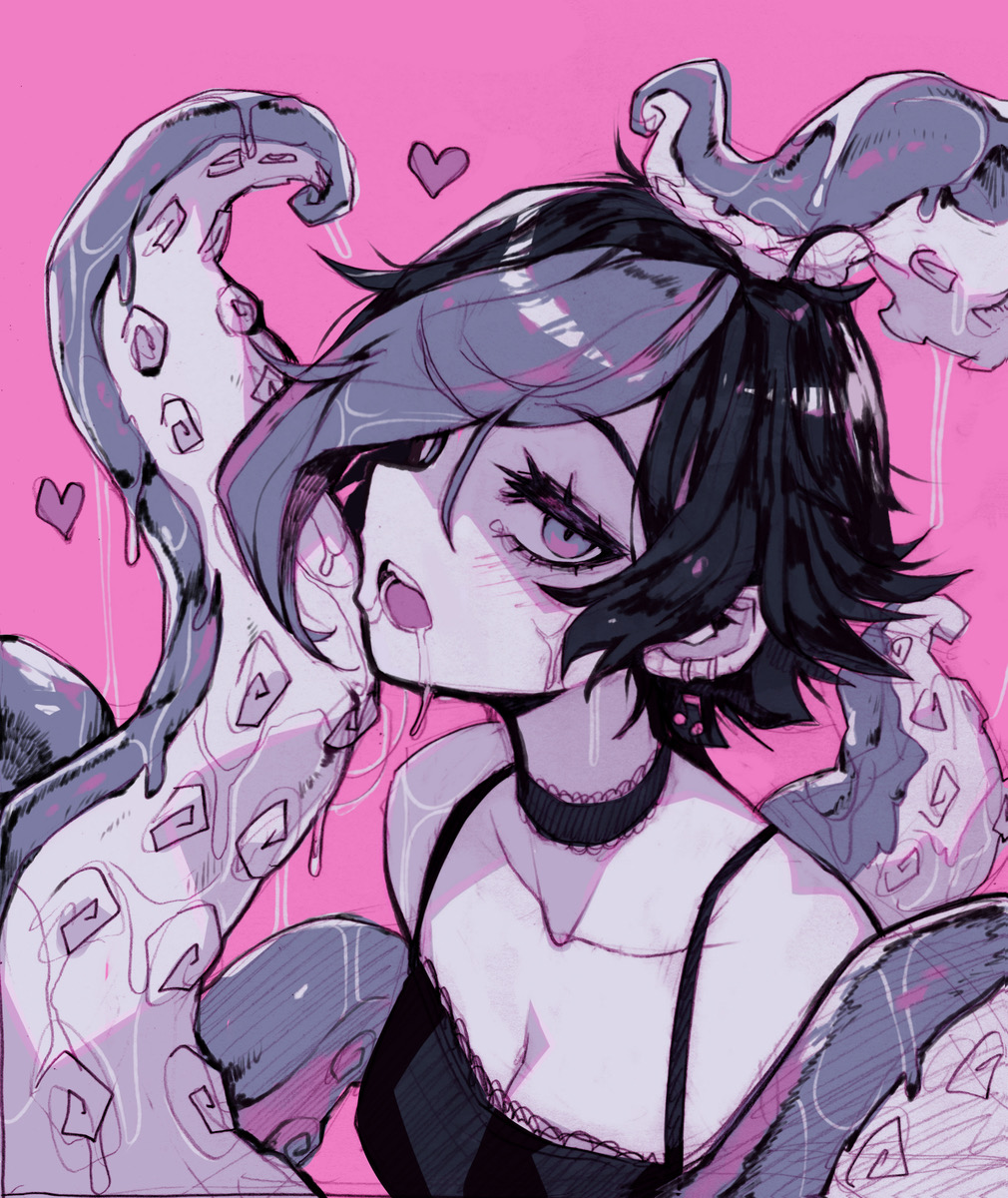 1girls, amora (parororo), female, goth, goth girl, limited palette, no penetration, open mouth, parororo, pixiv, solo, solo female, tagme, tentacle
